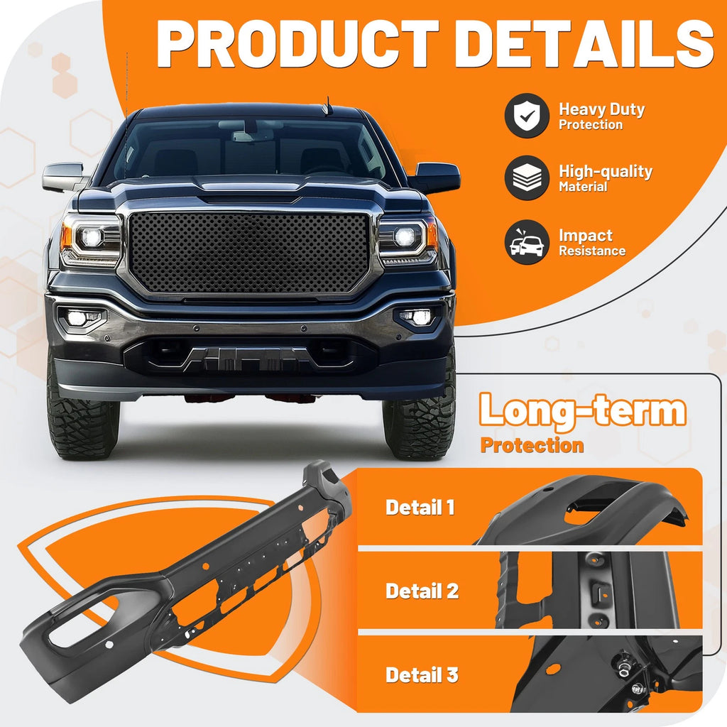 Front Bumper Cover for GMC Sierra 1500 (2016–2019) Black with Sensor Hole