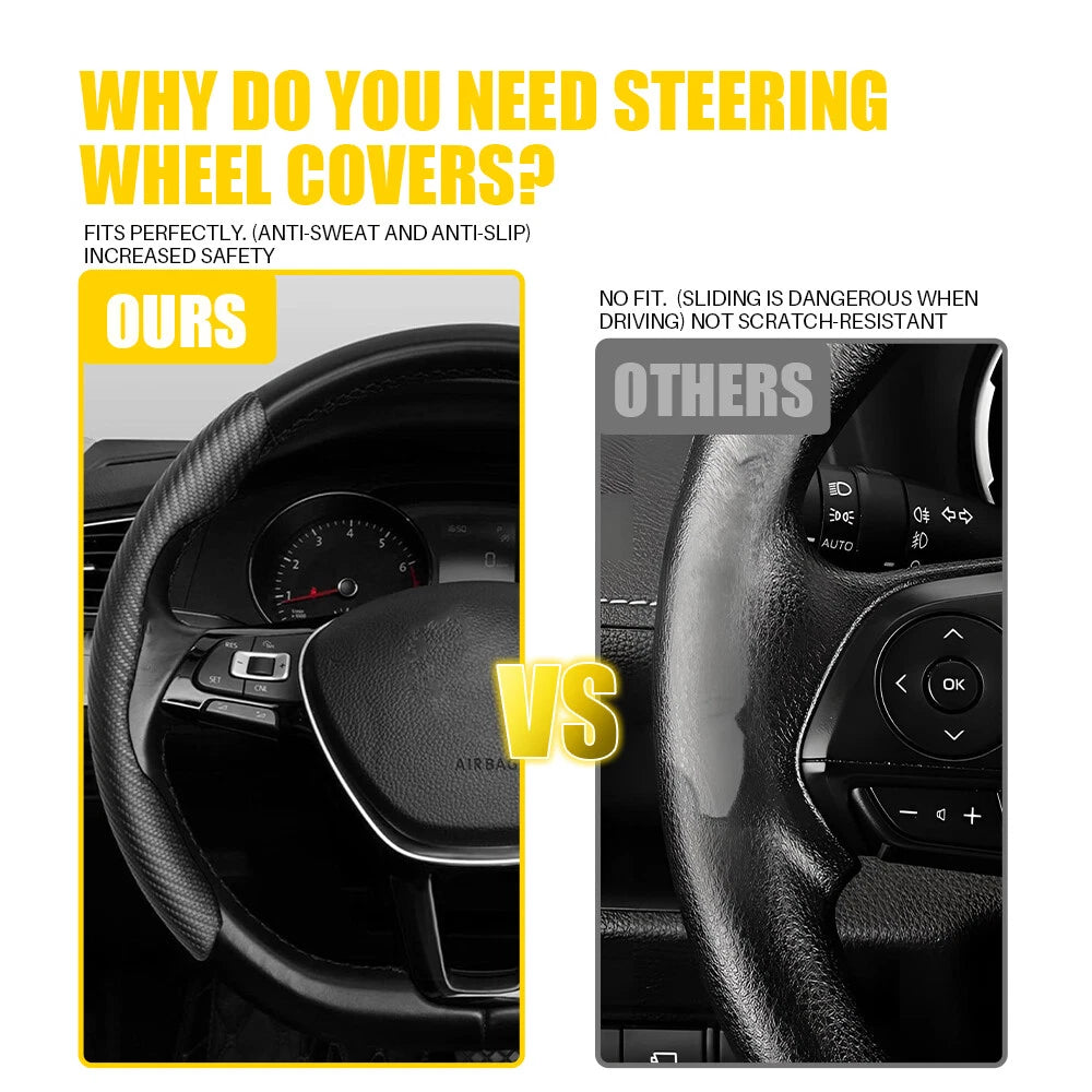 2X Black Carbon Fiber Steering Wheel Booster Cover Non-Slip Universal