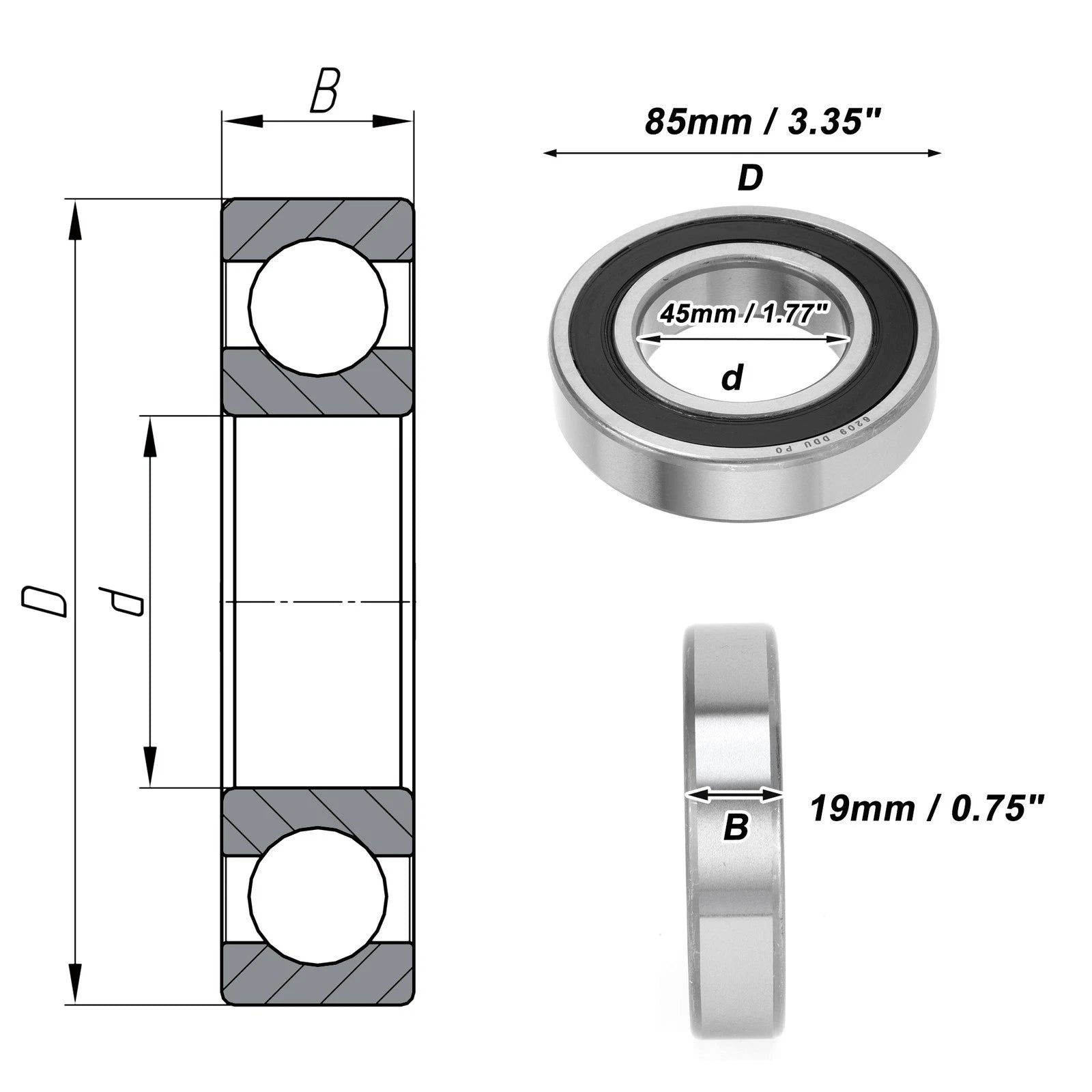 Deep Groove Ball Bearing 6209DDU for Scooter Skateboard (P0 45x85x19mm)