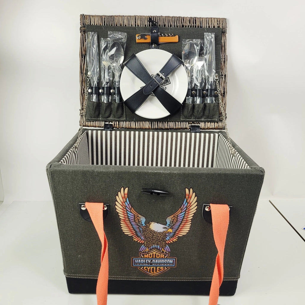 Picnic Basket with Wicker Lid & Handles for Harley-Davidson (Vivid Bar & Shield)