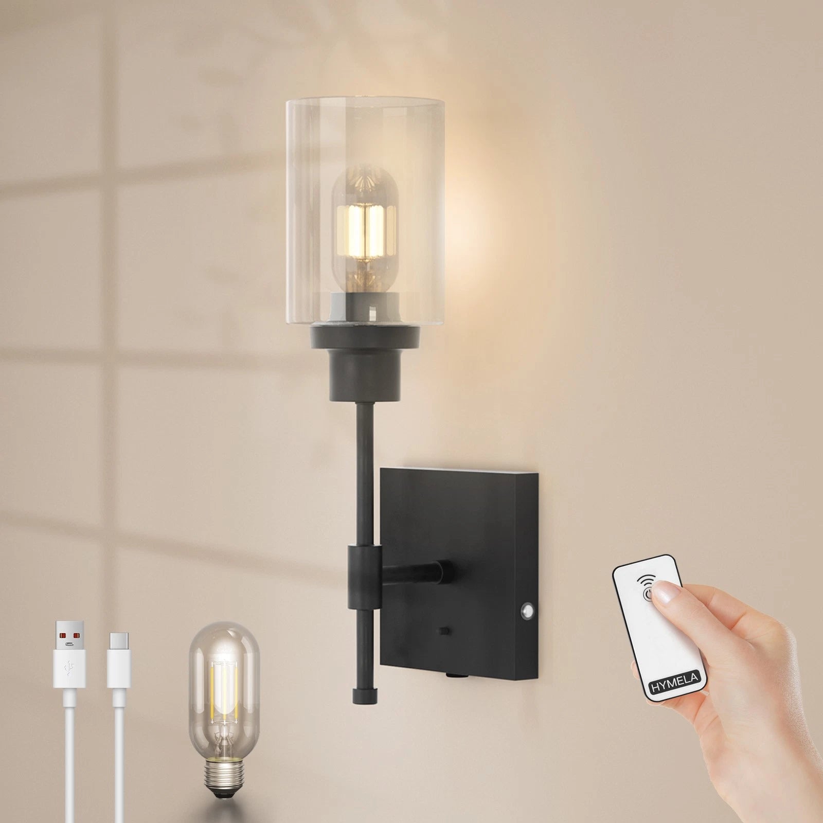 LED Wireless Wall Sconce Lamp - Rechargeable Glass Black