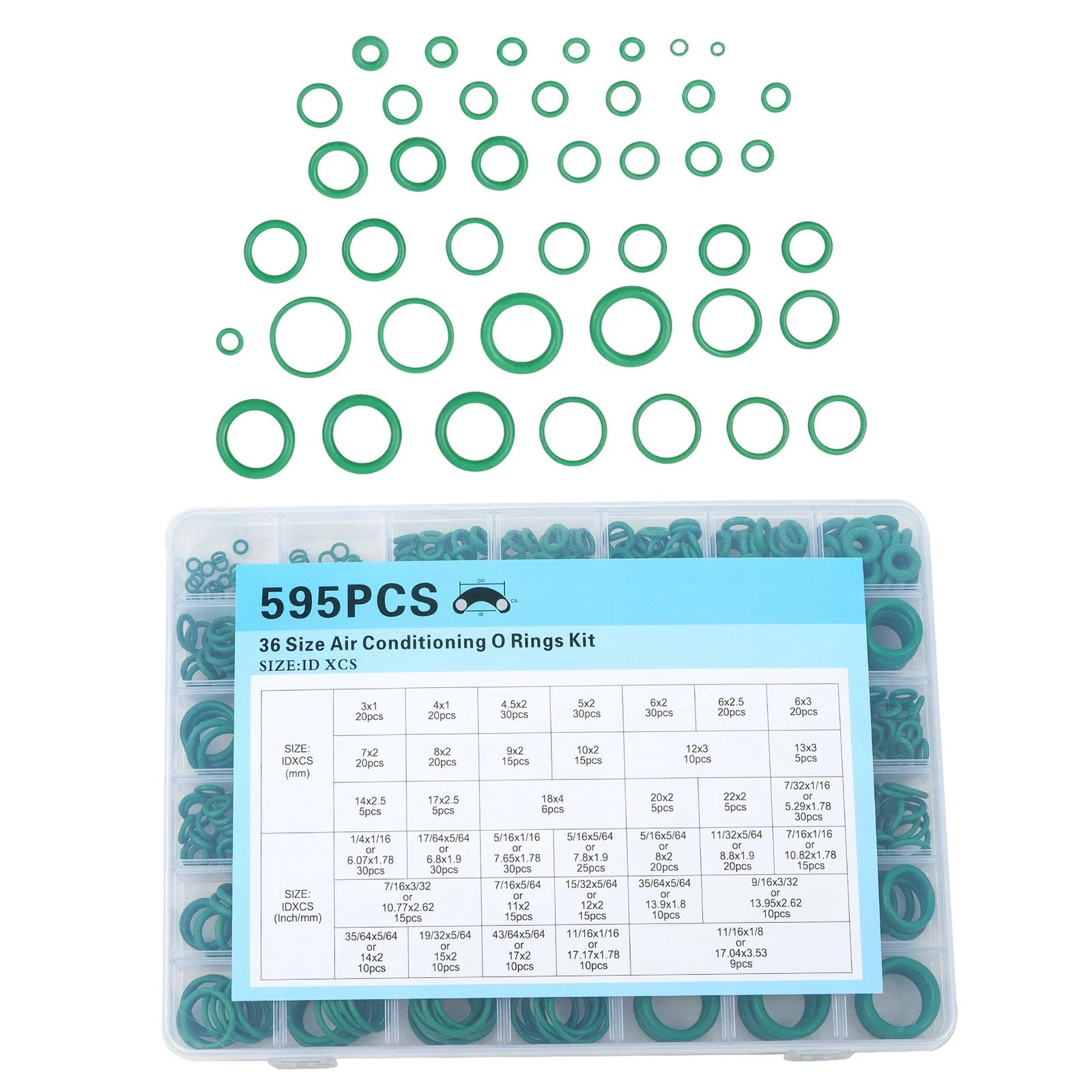 Set of 36 Rubber O-Rings for Air Conditioning (595 Pcs)