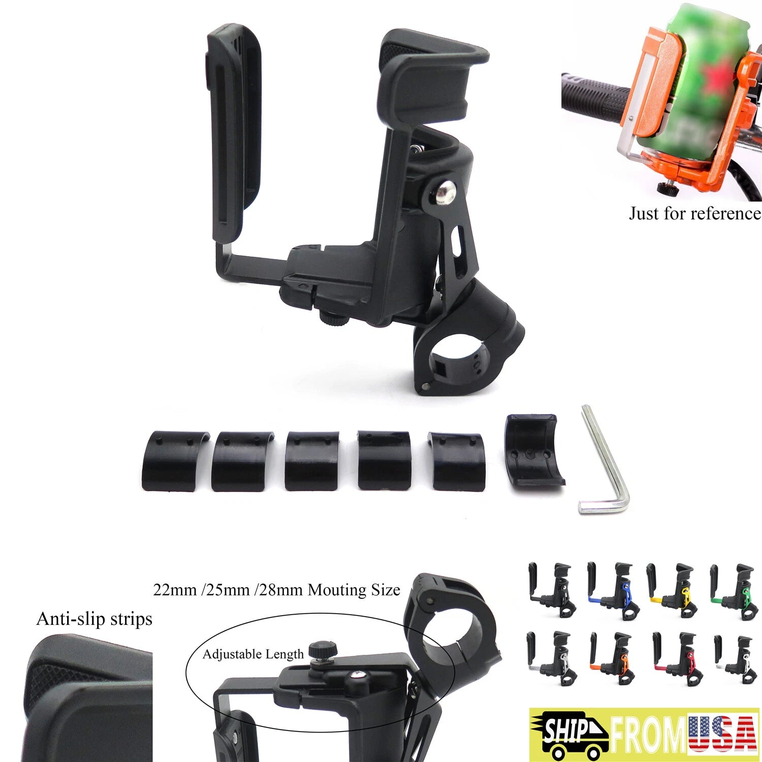 Adjustable Cup Holder for Motorcycle Bicycle Handlebar Mount (22-28mm)