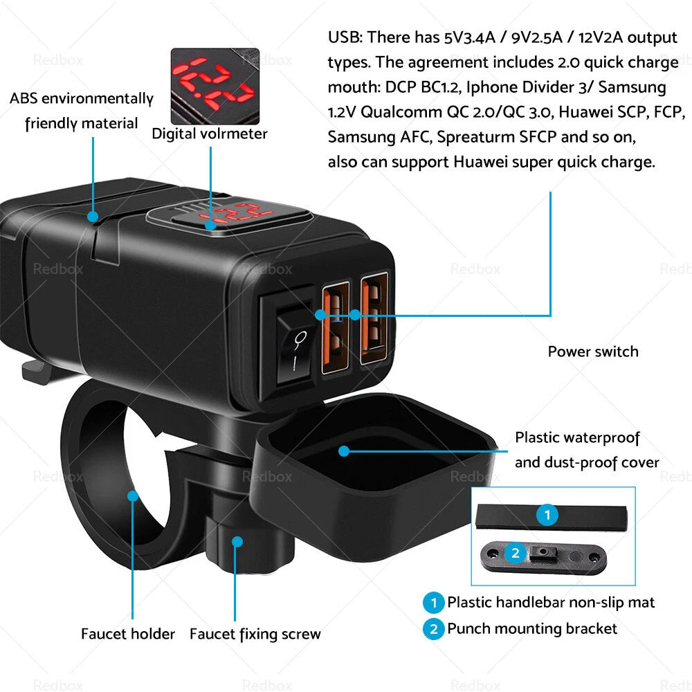 Dual USB Fast Charger Socket with Voltmeter for Motorcycle