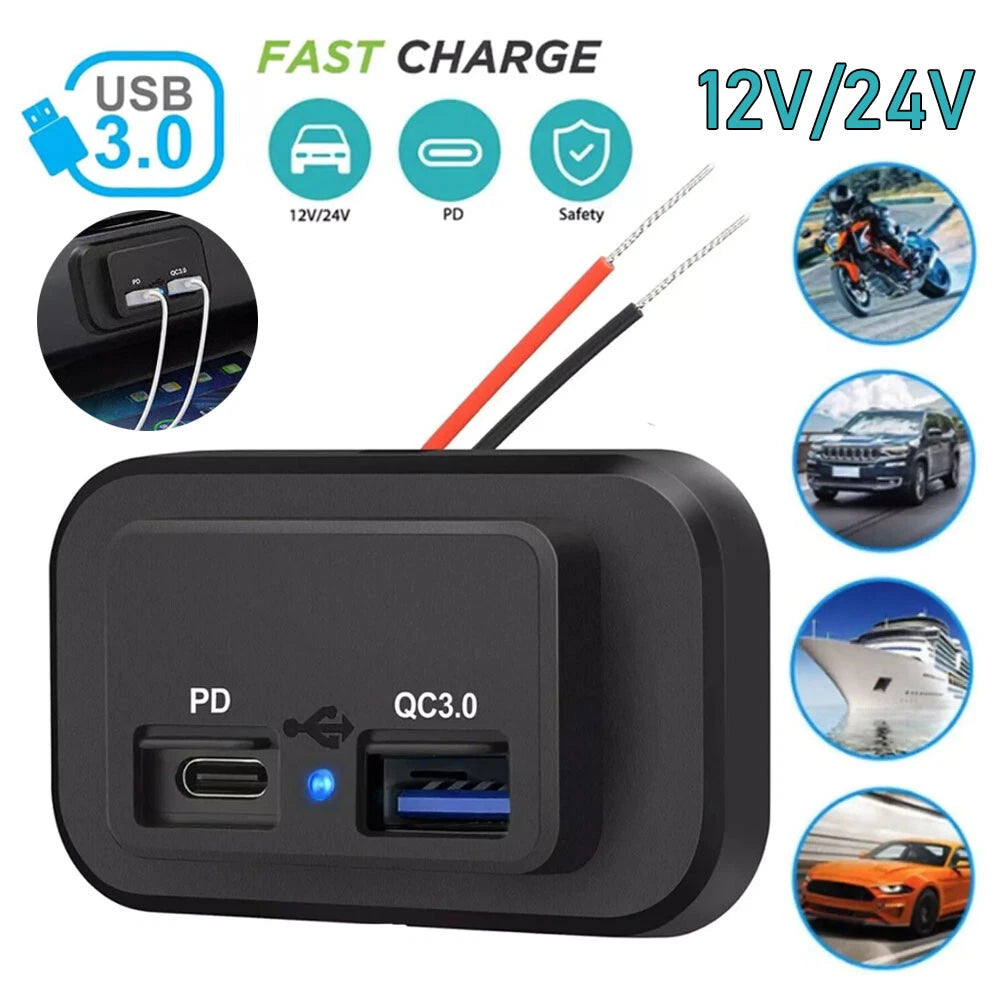 Dual USB Fast Charger Socket for Car Boat (12V-24V)