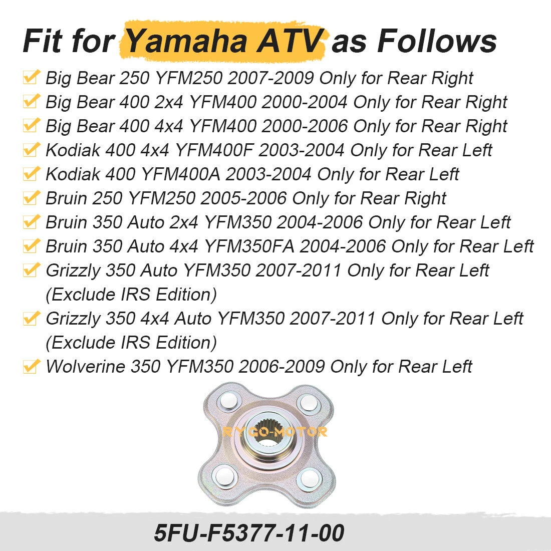 Rear Right Wheel Hub for Yamaha Big Bear 250 400 YFM250 YFM400 (2000–2009)