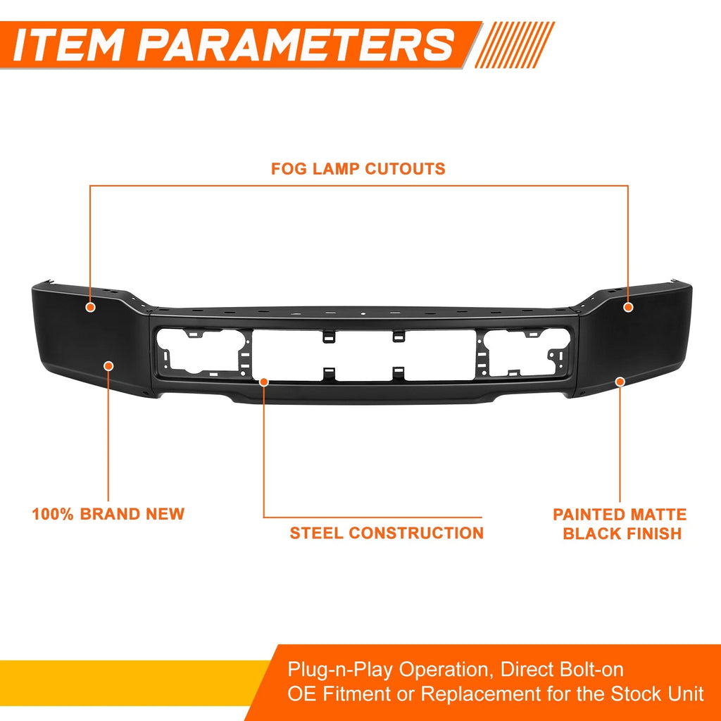 Steel Front Bumper Face Bar for Ford F-150 (2018–2020) Black w/o Fog Light Holes