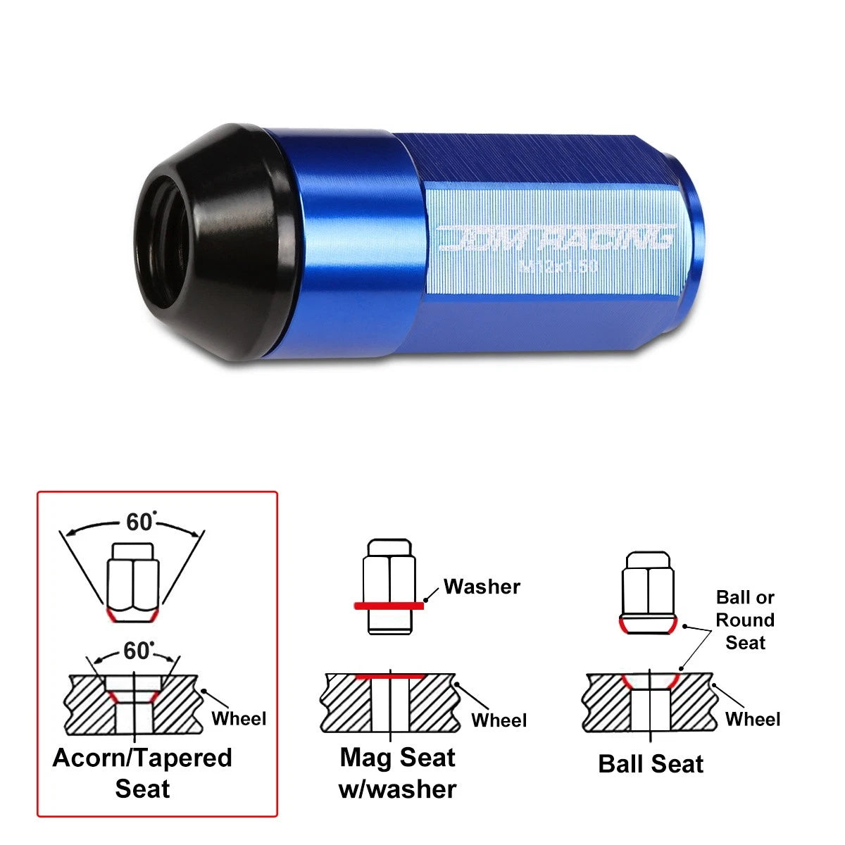 Set of 20 M12X1.5 Blue Cone Seat Hex Wheel Lug Nuts with Cap & Extension