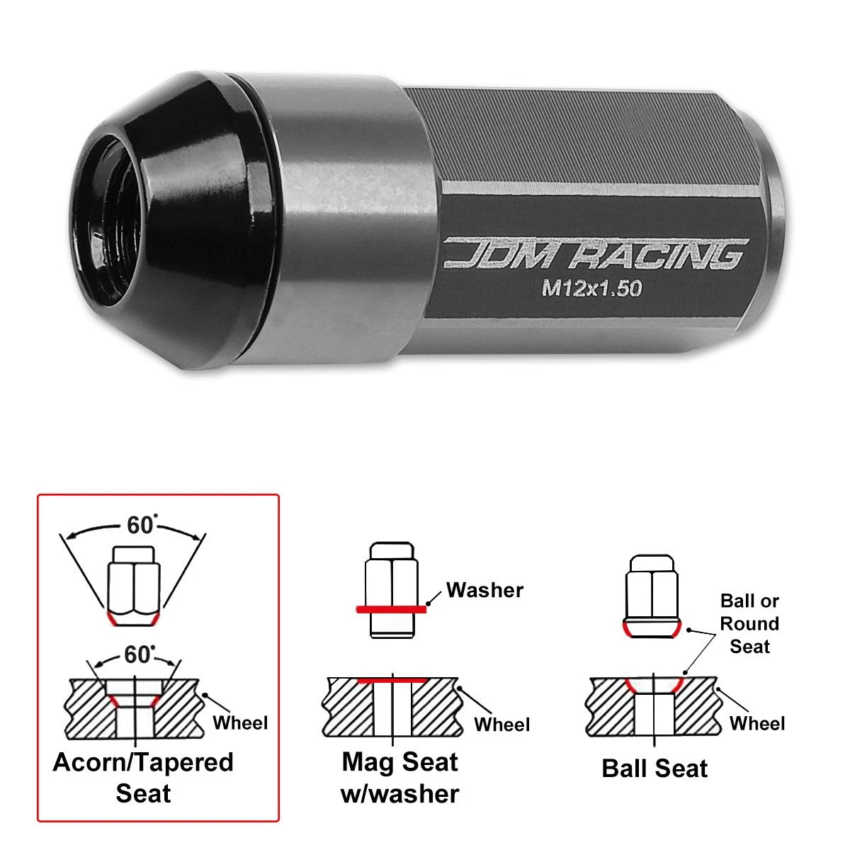 Set of 20 JDM M12X1.5 Gun Metal Aluminum Rim Lug Nuts with Cap & Adapter