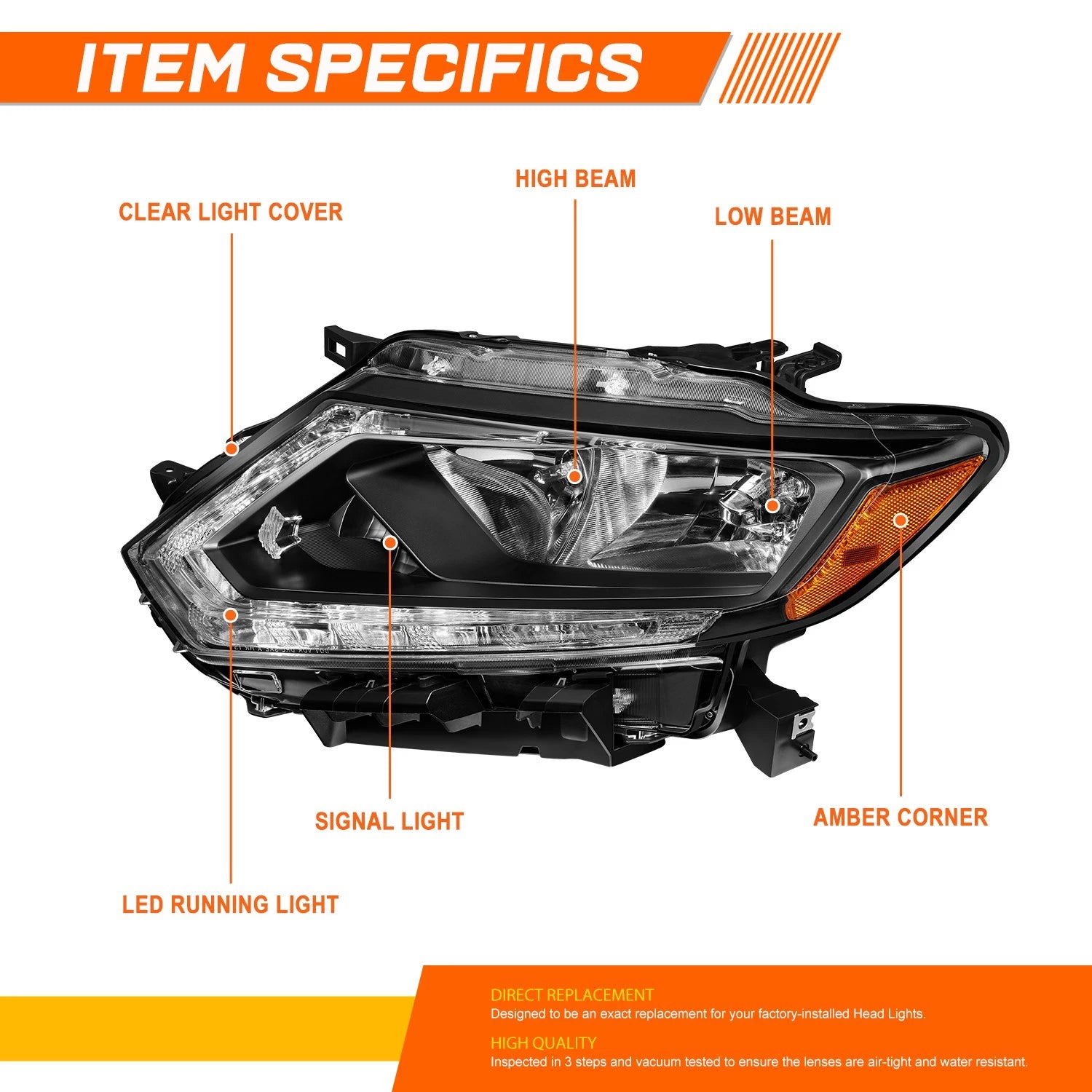 LED DRL Bar Headlight for Nissan Rogue (2014–2016) Black Housing Amber Side