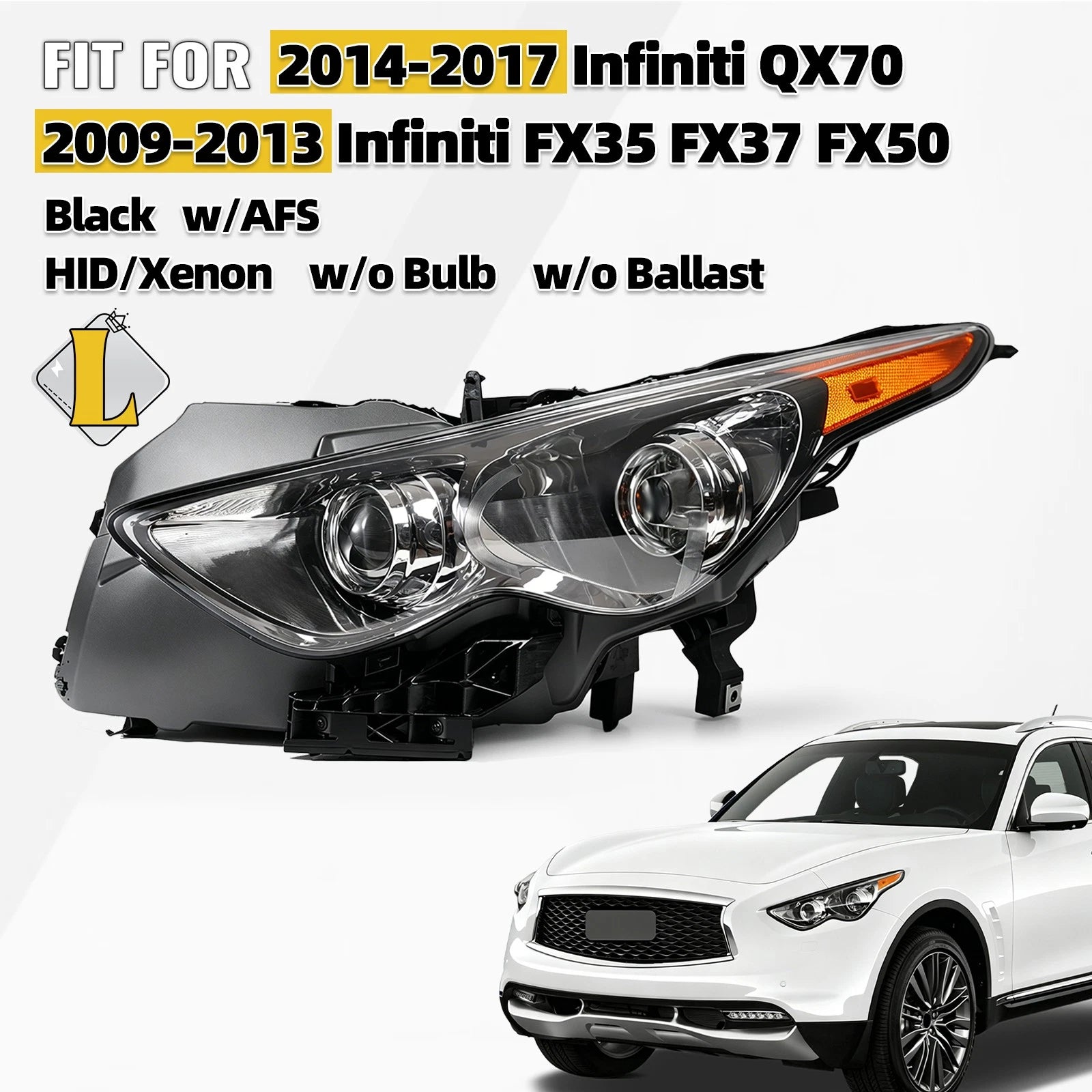 HID Headlight for Infiniti FX35 FX37 QX70 (2009–2017) AFS Black Left