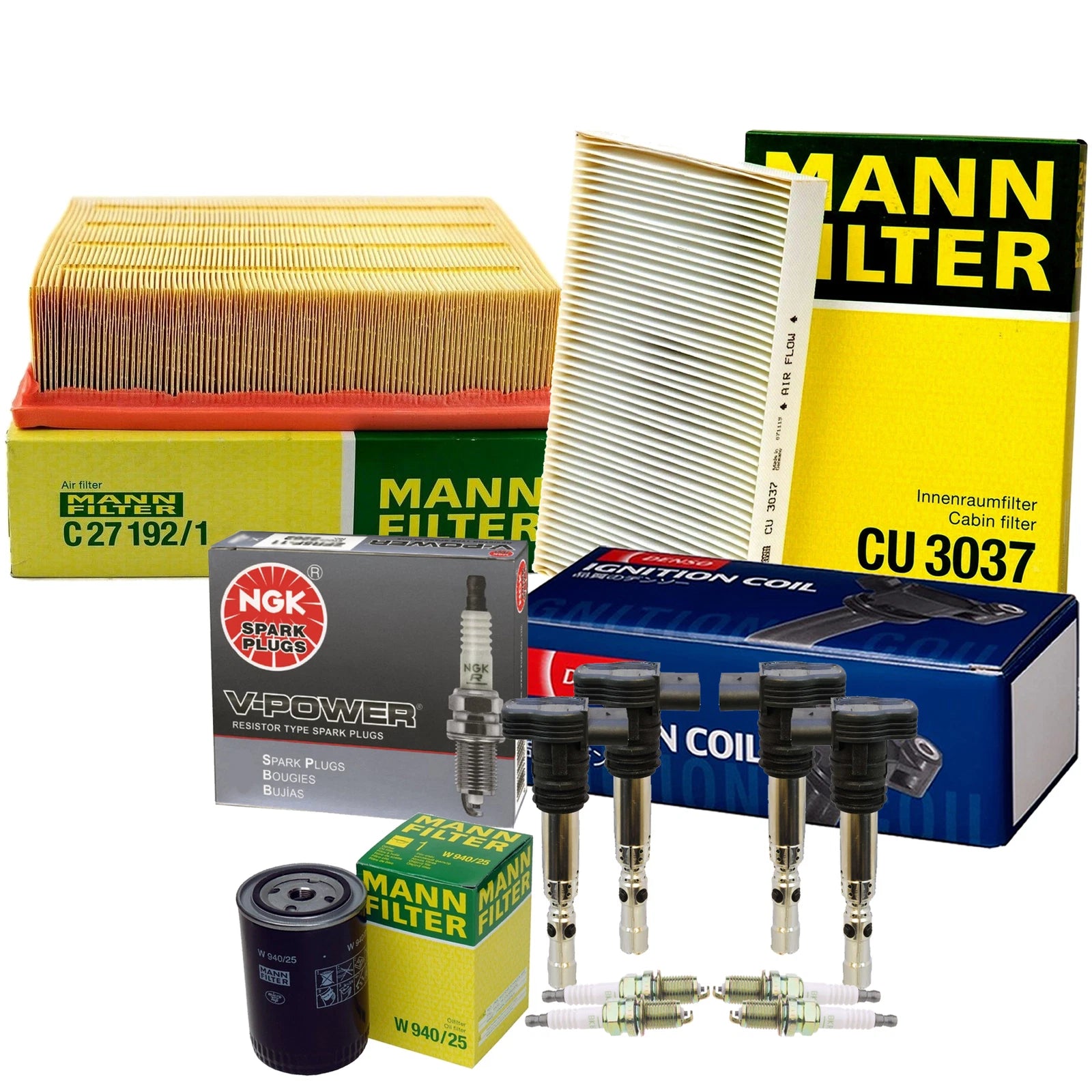 Tune Up Kit: 4 Mann Filters, 4 Denso Coils, 4 NGK V-Power Spark Plugs for Audi L4 AMB