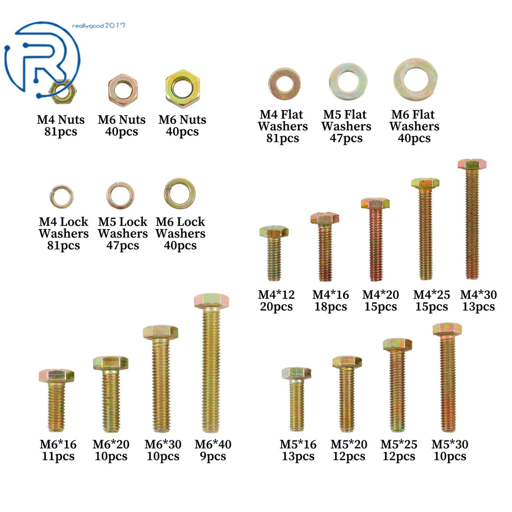 Set of 672 Flat Nuts and Bolts with Lock Washers for M4 M5 M6