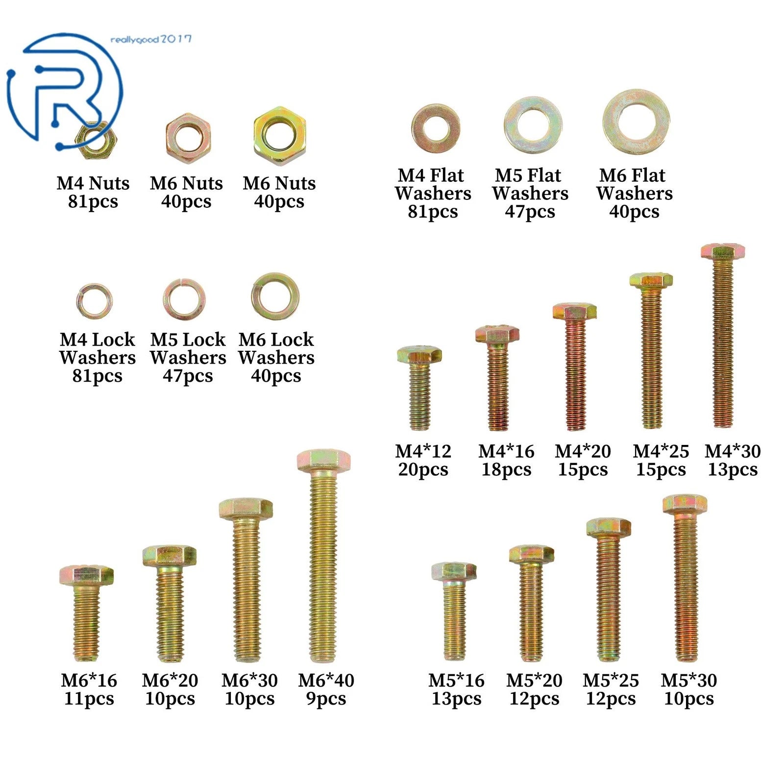 Set of 672 Flat Nuts and Bolts with Lock Washers for M4 M5 M6