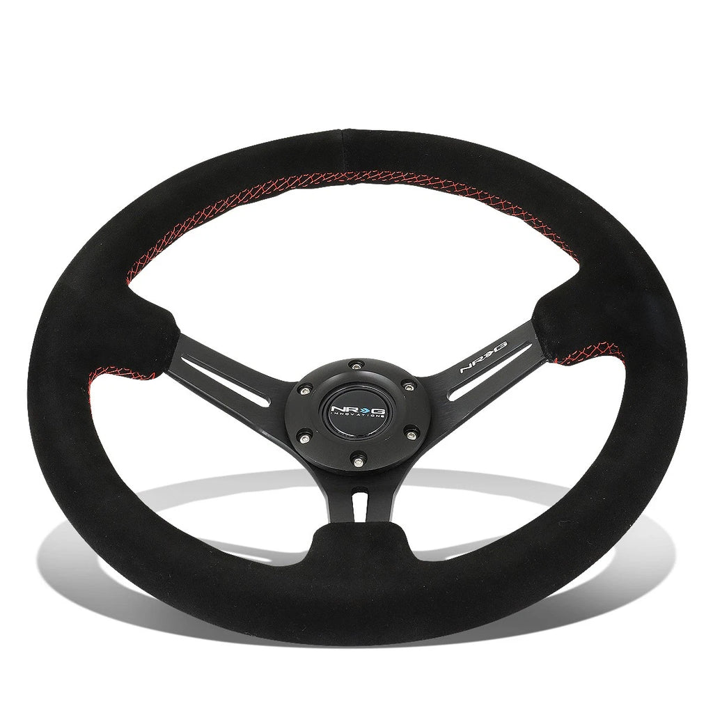 NRG 350mm Deep Red Stitch Suede Grip Steering Wheel for Universal (2000–2023)