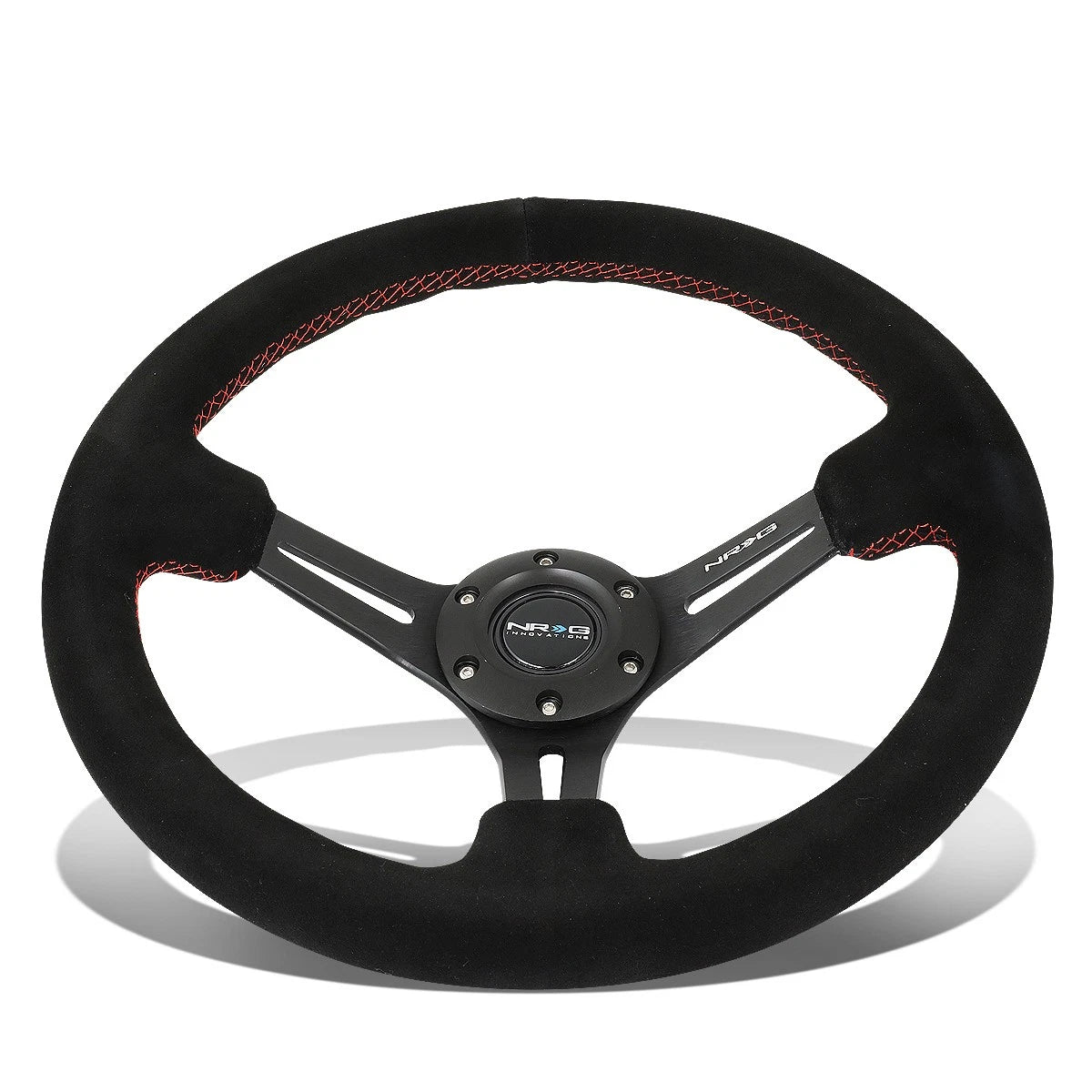 NRG 350mm Deep Red Stitch Suede Grip Steering Wheel for Universal (2000–2023)