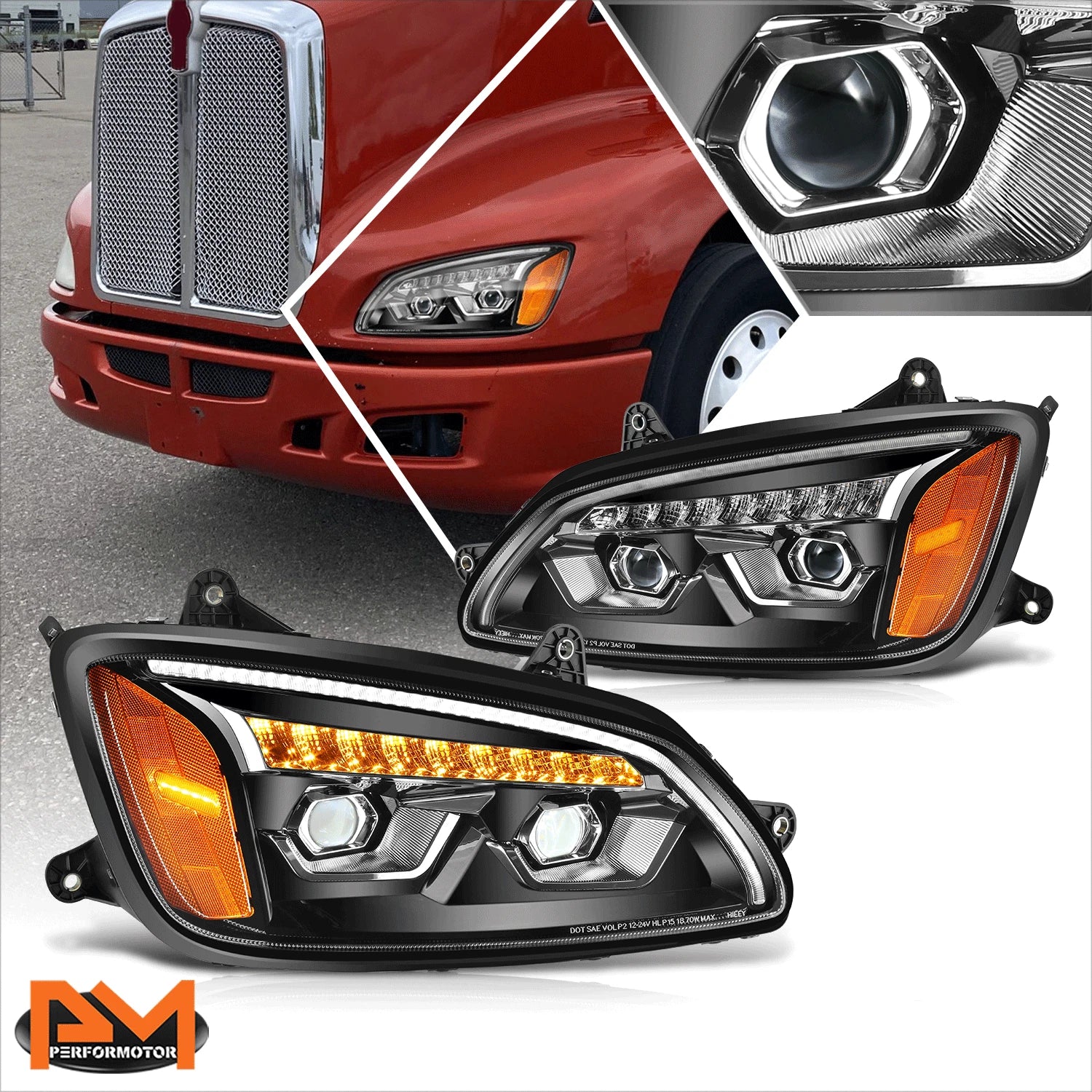 LED DRL Sequential Signal Projector Headlights for Kenworth T660 (2008–2017)