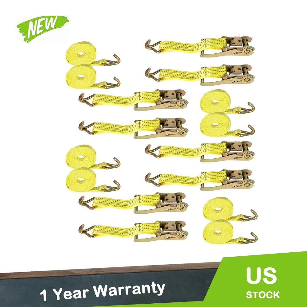 Set of 8 Ratchet Straps with J Hook 2 In x 15 Ft Heavy Duty Tie Downs