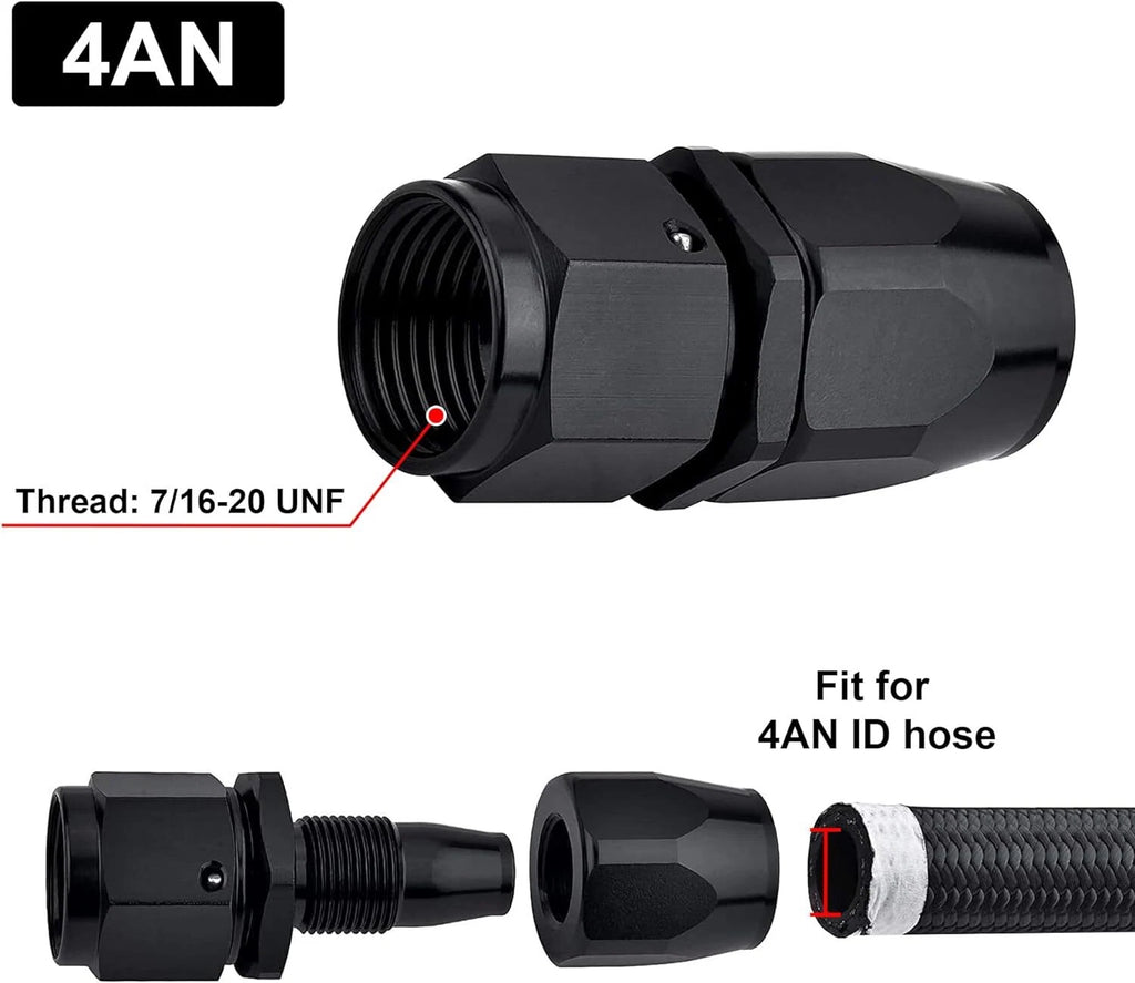 Set of 4 Black 0° Straight Swivel Fuel Oil Hose End Fittings 4AN 6AN 8AN 10AN 12AN