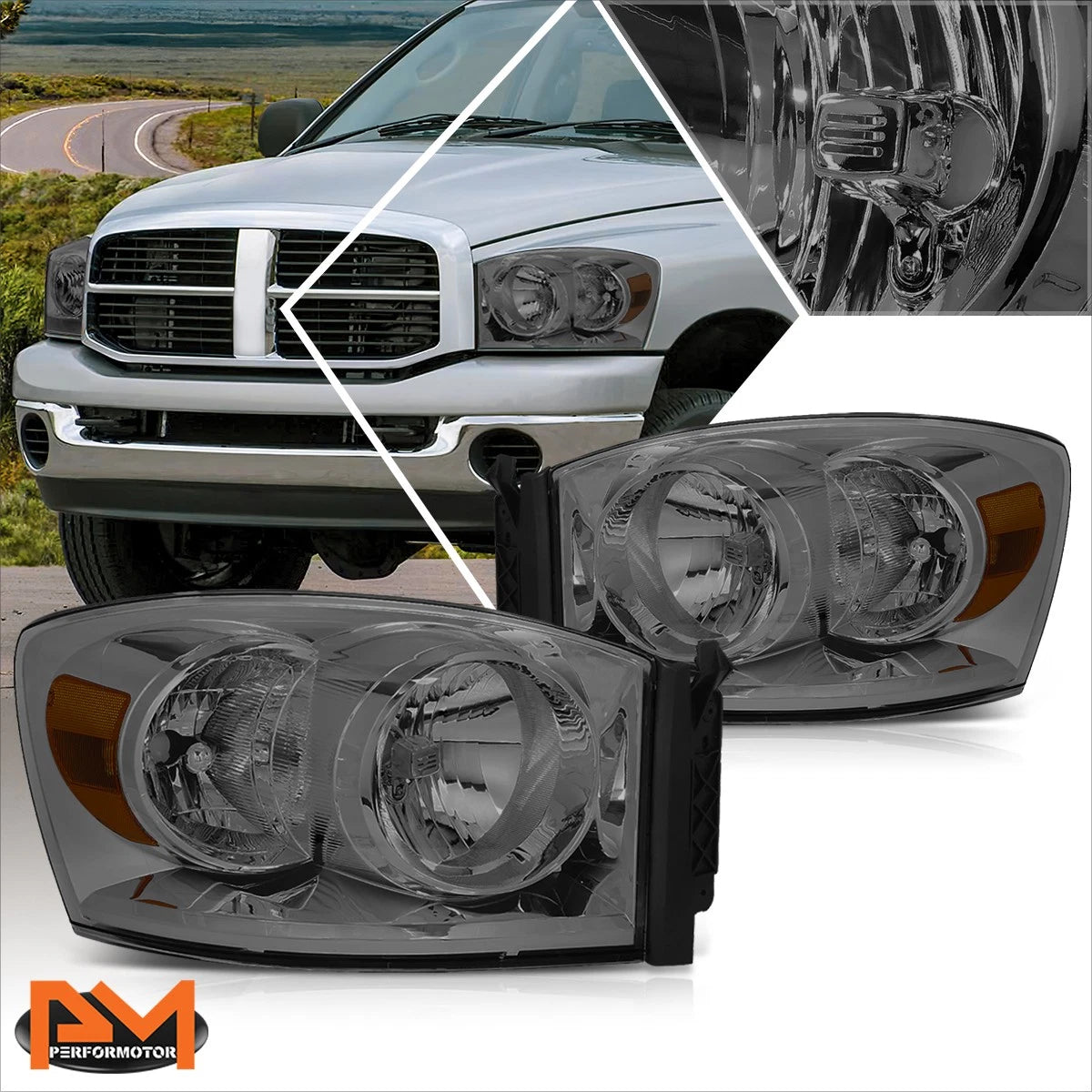 Smoked Lens Headlights with Amber Corner Signal Lamps for Dodge Ram 1500-3500 (2006–2009)