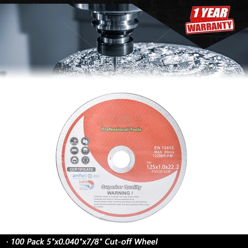 Cut-off Wheel 100 Pack for Metal & Stainless Steel (5"x0.040"x7/8")