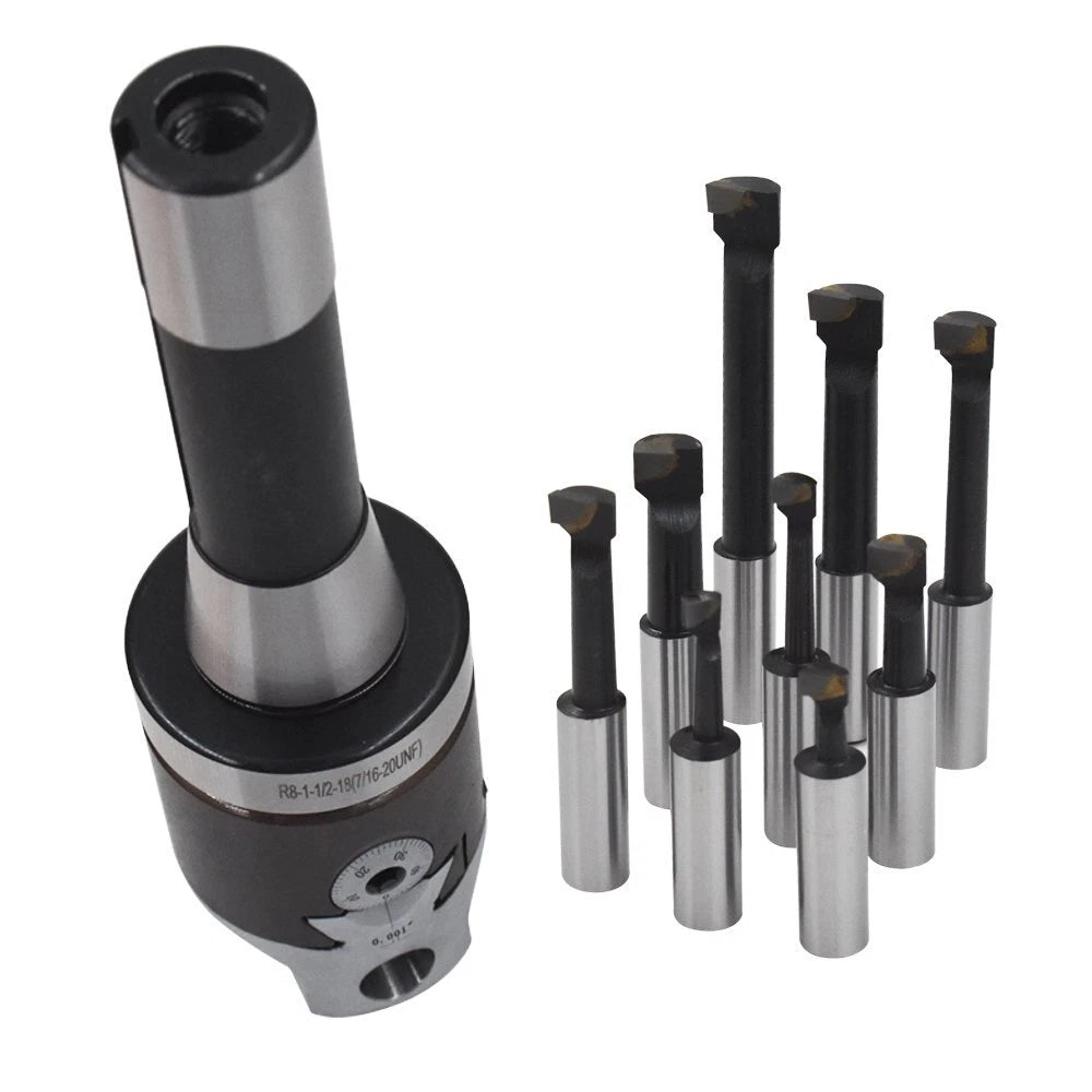 Set of 9 Carbide Boring Bars with 2" Boring Head for R8 Shank