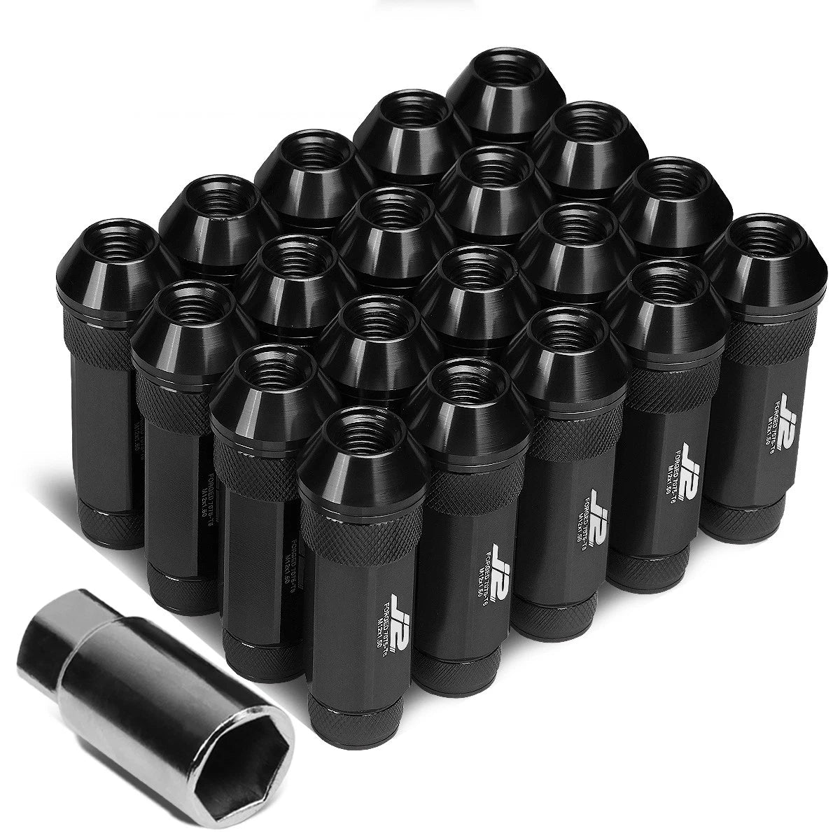 Set of 20 J2 7075 Forged Aluminum M12 x 1.5 Open-End Lug Nuts w/Key Black