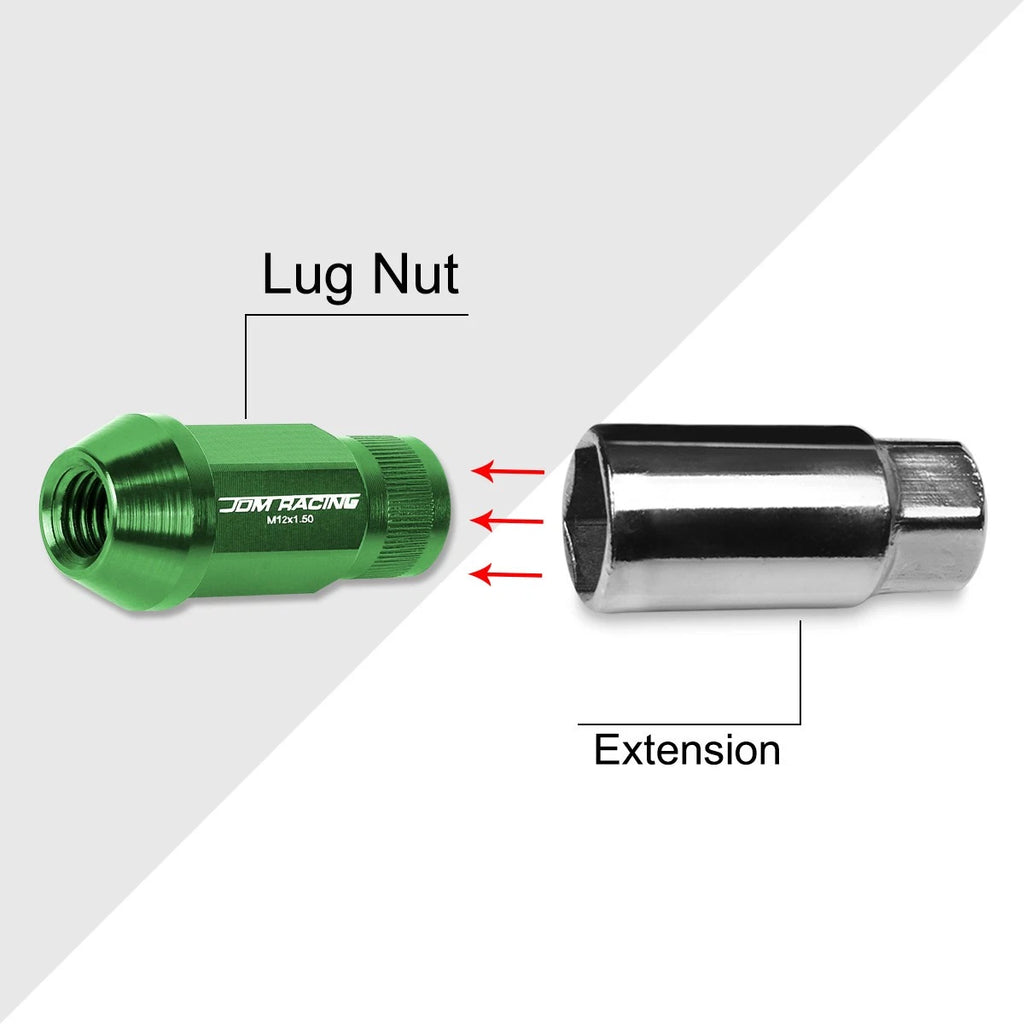 20Pc M12X1.5 Green JDM Open End Bulge Hex Lug Nuts + 25mm Extension