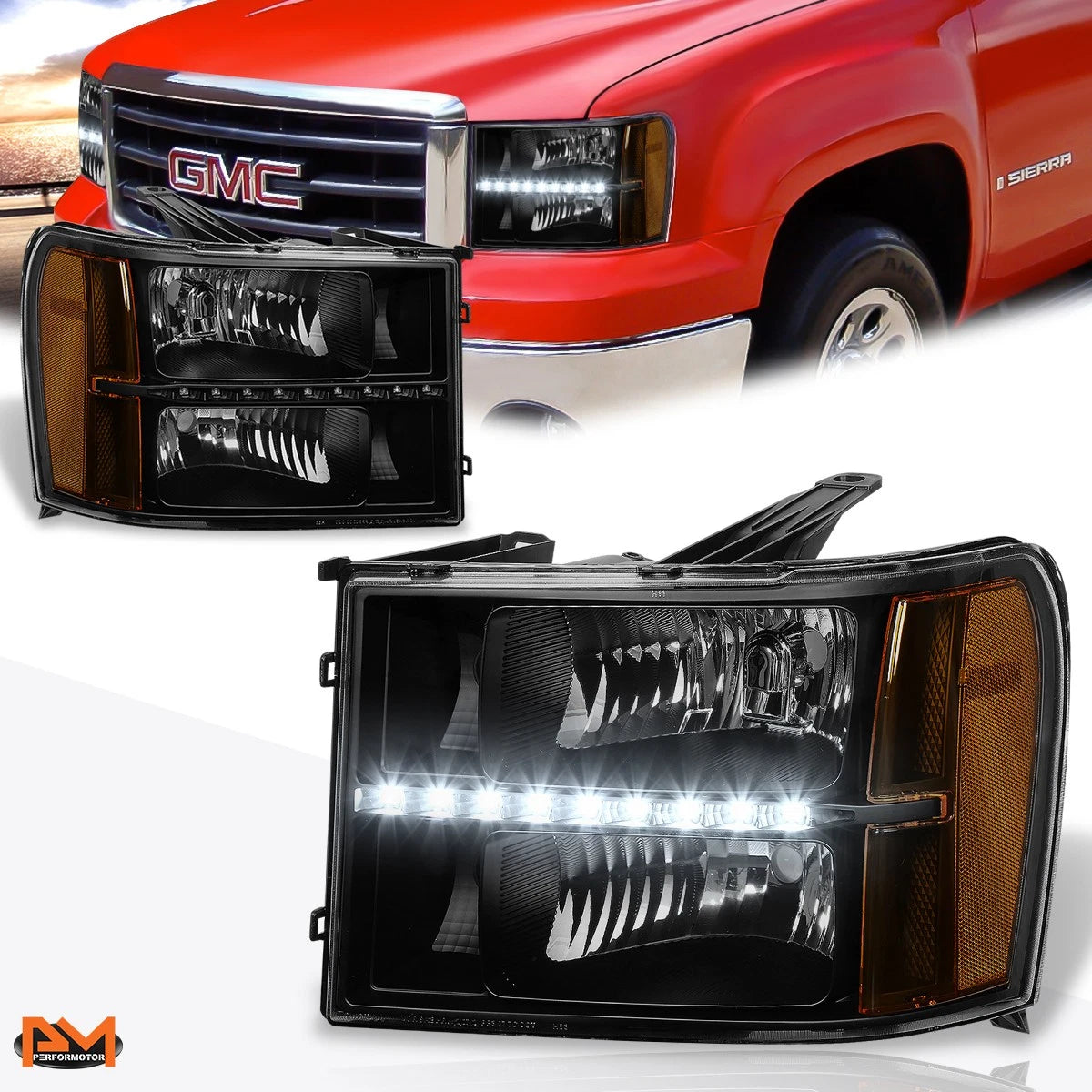 LED DRL Black Housing Amber Side Corner Headlight Set for GMC Sierra (2007–2014)