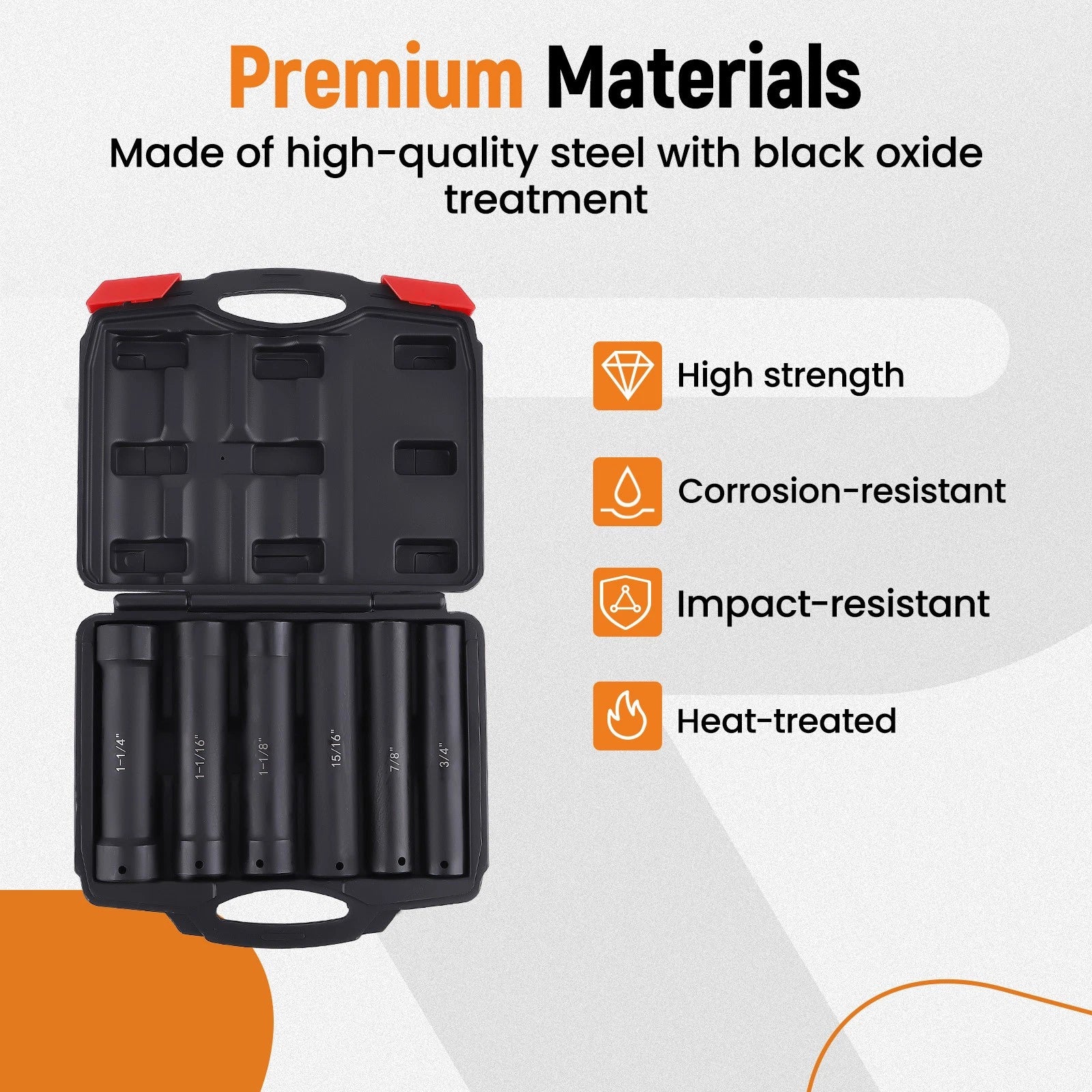 6X 1/2 Inch Drive Extended Length Impact Socket Set with Storage Case