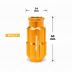 Set of 20 JDM M12X1.5 Open-End Aluminum Wheel Lug Nuts + Key 24mm OD 50mm Tall