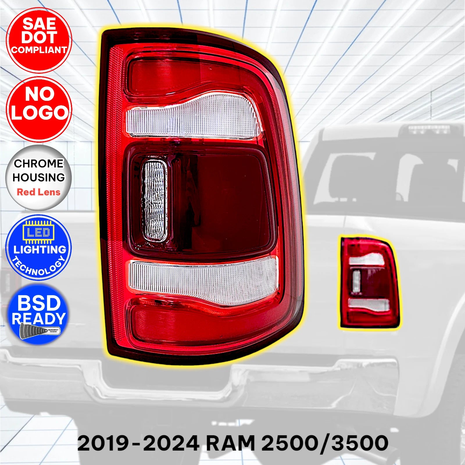 LED Tail Light for Ram 2500 (2019–2024) w/ Blind Spot Detection, Red Bezel