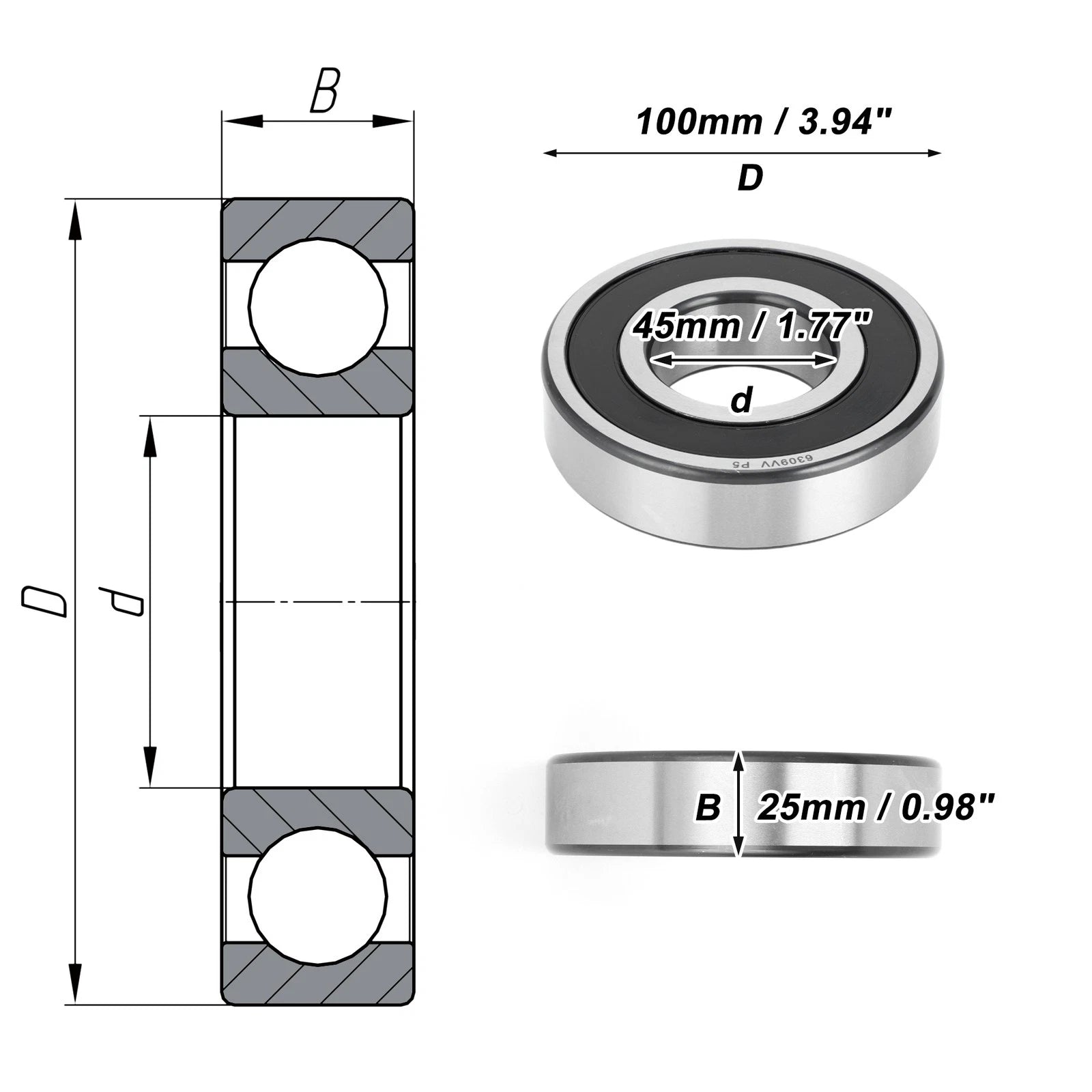 Deep Groove Ball Bearing 6309VV for Scooter Skateboard Wheel (45x100x25mm)