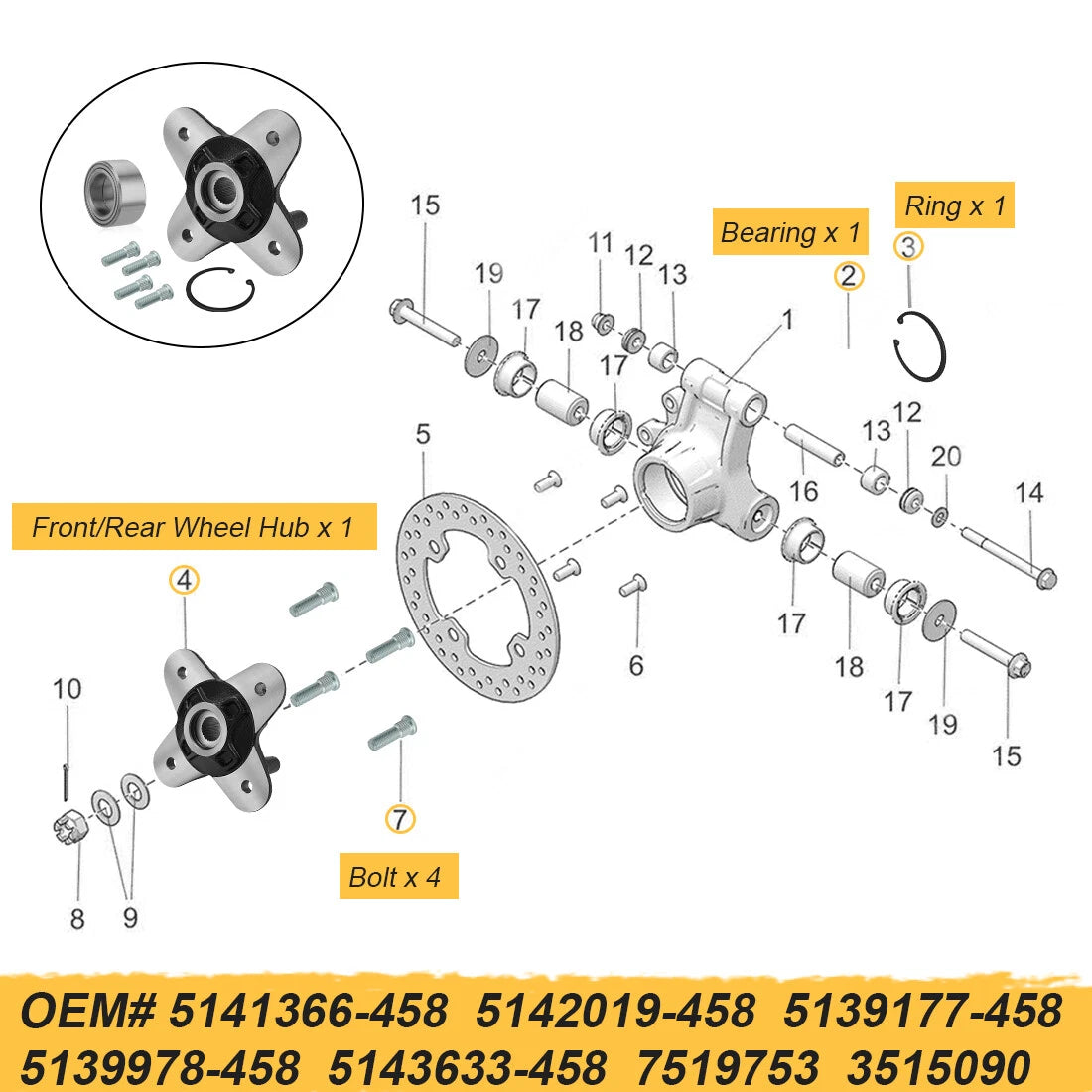 Front or Rear Wheel Hub & Bearing for Polaris General 1000 (2016–2025) 5143633-458