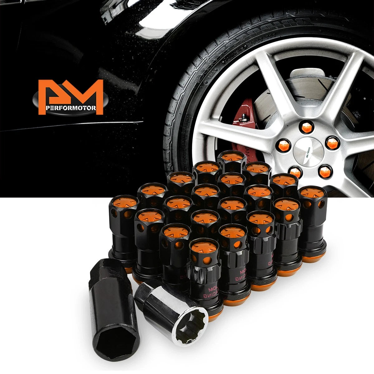 Set of 20 M12X1.5 Orange JDM Closed End Lug Nuts with Spline Locks & Key