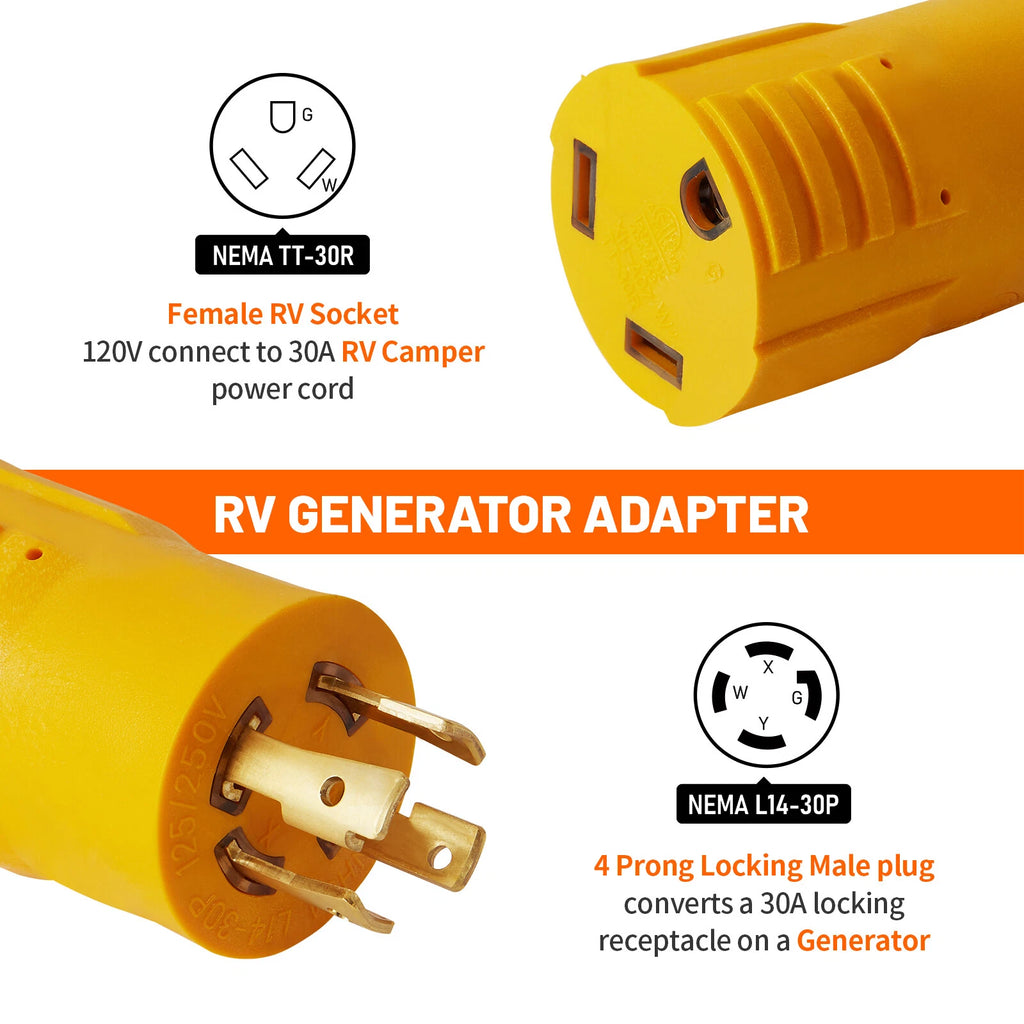 30 AMP RV Trailer Generator Adapter L14-30P to TT-30R Plug Twist Lock