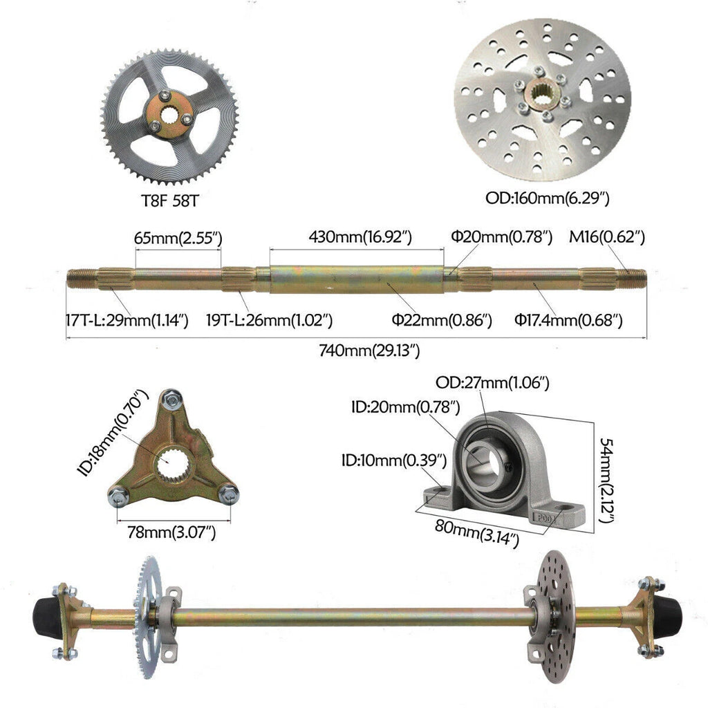 Go Kart Rear Axle Kit with Hubs, Brake Disc, Sprocket (740mm, 22mm)