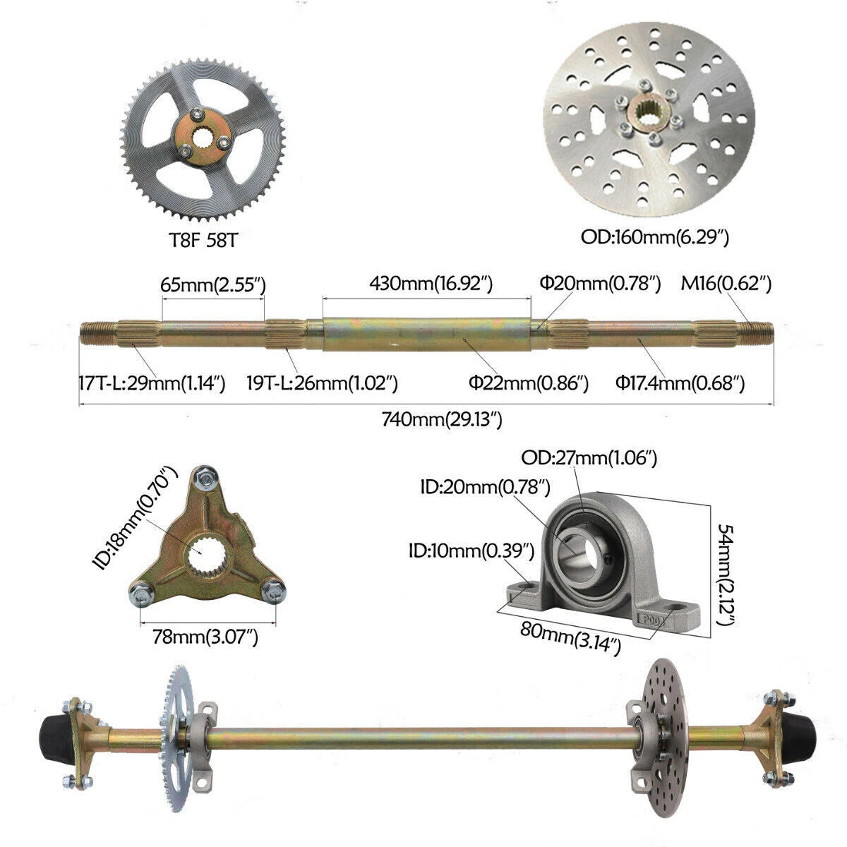 Go Kart Rear Axle Kit with Hubs, Brake Disc, Sprocket (740mm, 22mm)