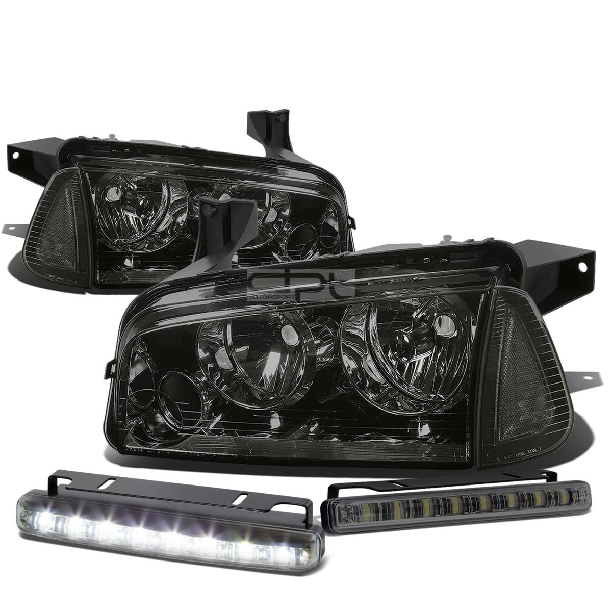Set of 3 Smoked Headlight, Corner, LED Fog Light for Dodge Charger (2006–2010)