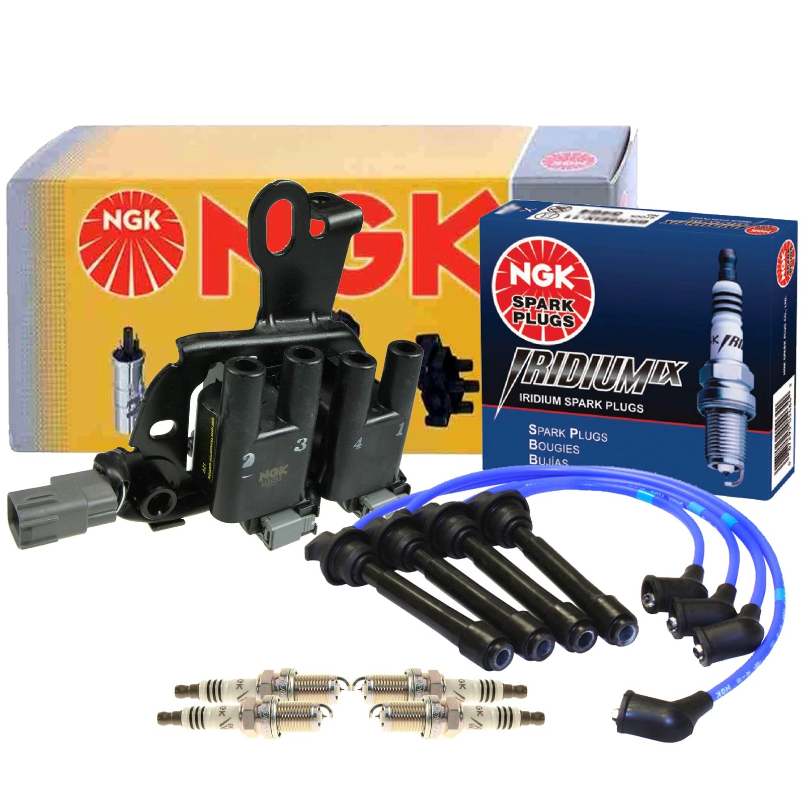 Set of 4 NGK DIS Ignition Coil Wires & Iridium IX Spark Plugs for Hyundai Kia (2.0 L4)