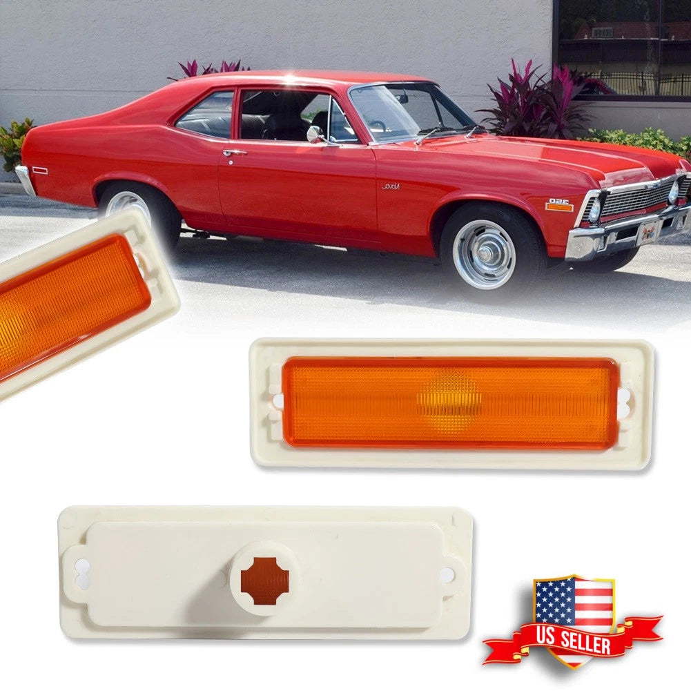 Set of 2 Amber Lens Front Bumper Side Marker Lights for Chevy Nova (1970–1974)