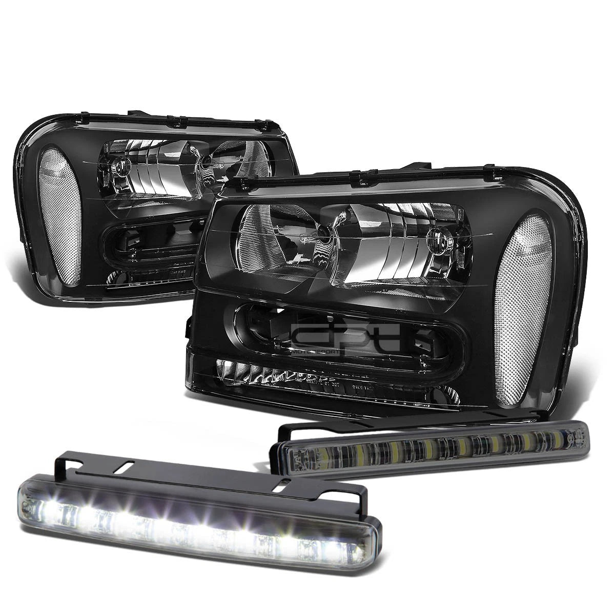 Black Housing Headlights + Clear Corners + Smoked LED Fog Light Kit for Trail Blazer (2002–2009)