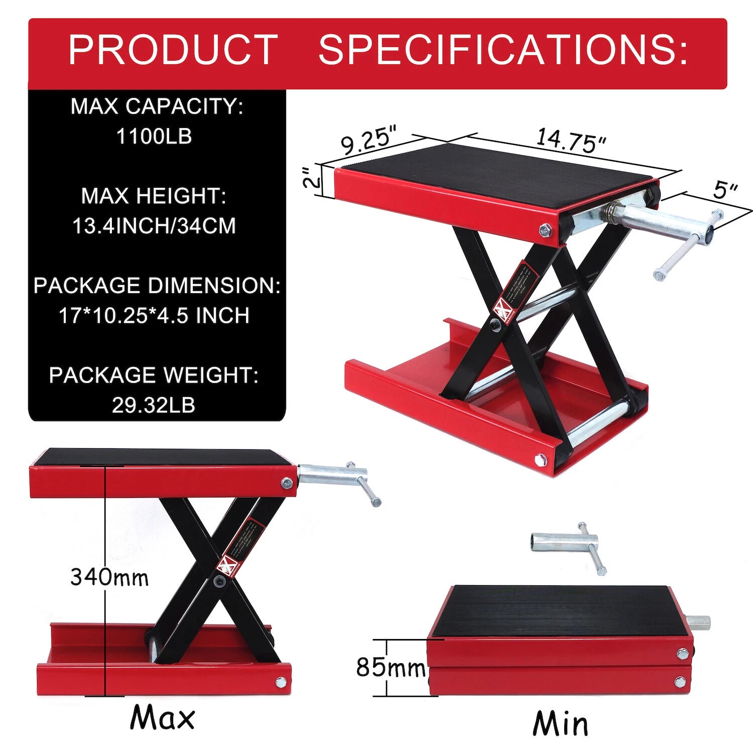 Scissor Lift Jack Hoist Stand for Motorcycle ATV (1100LB, 9" Wide Deck)
