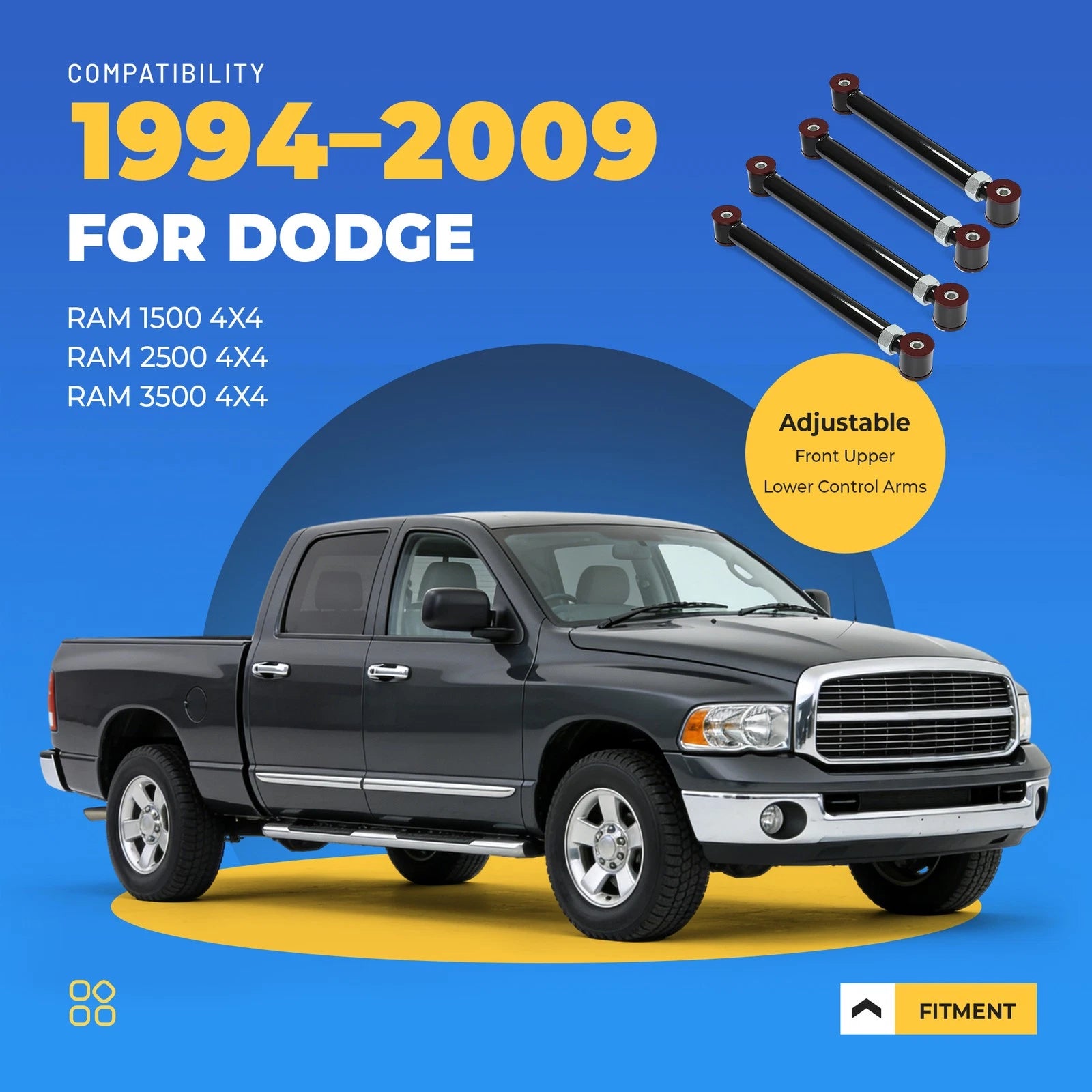 Set of 2 Adjustable Front Upper Lower Control Arms for Dodge Ram 4x4 (1994–2009)