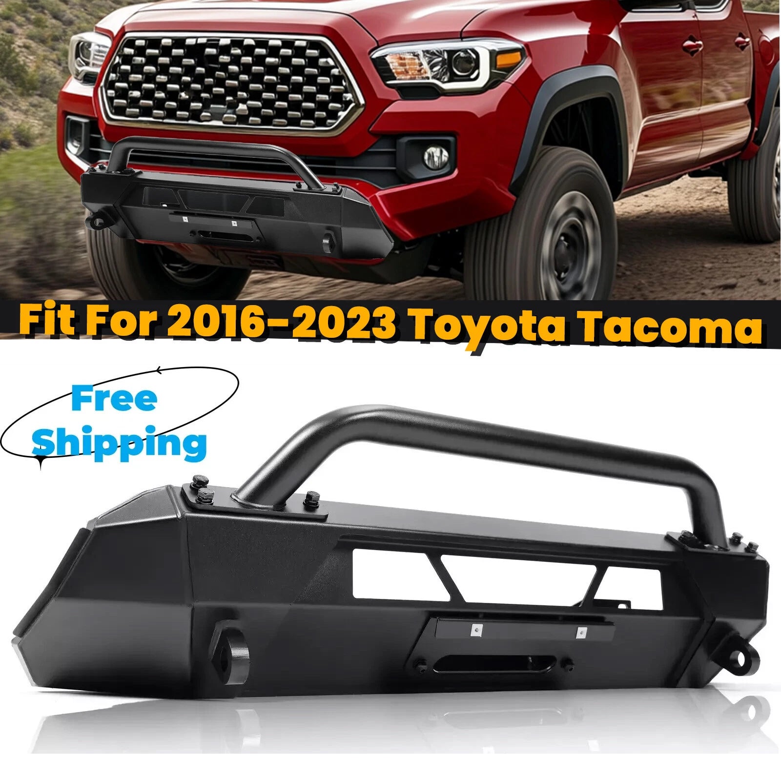 Front Hidden Winch Bumper Guard Bull Bar Steel for Toyota Tacoma (2016–2023)