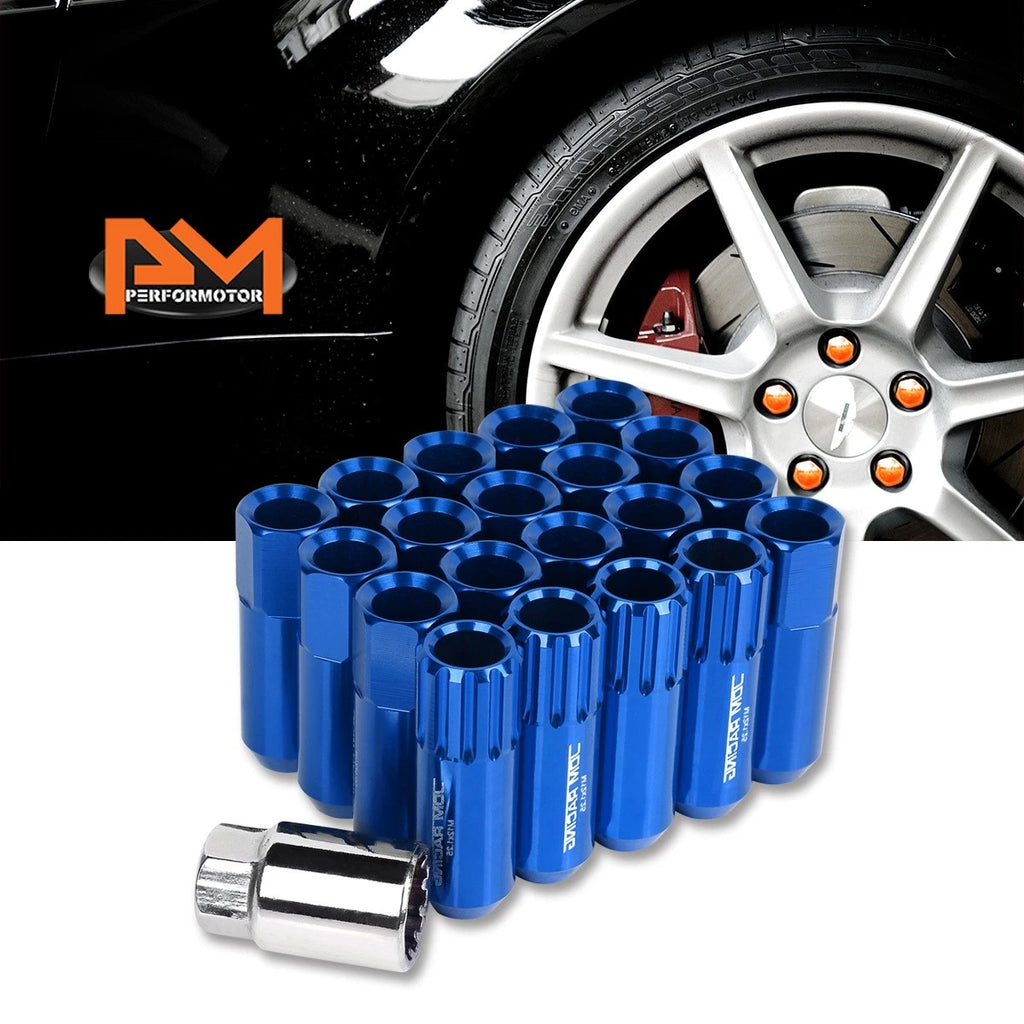 Set of 20 M12X1.25 Blue JDM Open End Aluminum Hex Lug Nuts with Spline Locks