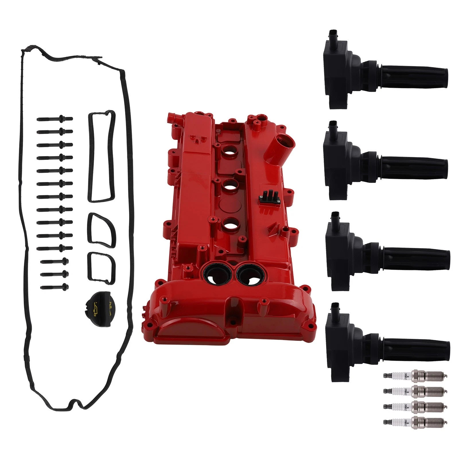 Red Valve Cover + 4 Ignition Coils for Ford Edge Focus 2.0L 2.3L (2012–2018)