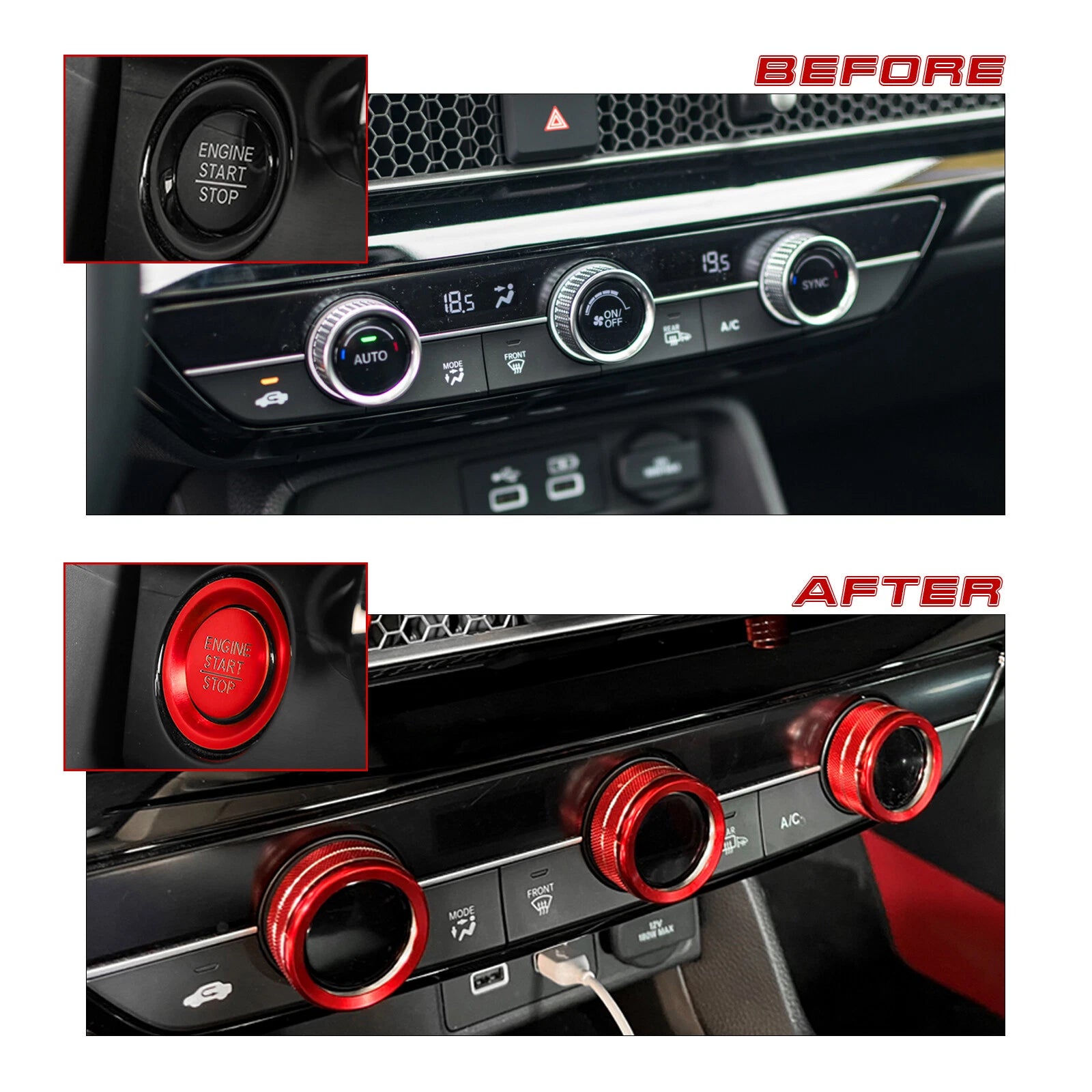 Red AC Climate Knob & Engine Start Button Cover for Honda Civic (2022-2024)