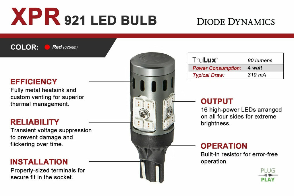 Red LED 3rd Brake Light Bulb Replacement for Diode Dynamics 921 (2019–2021)