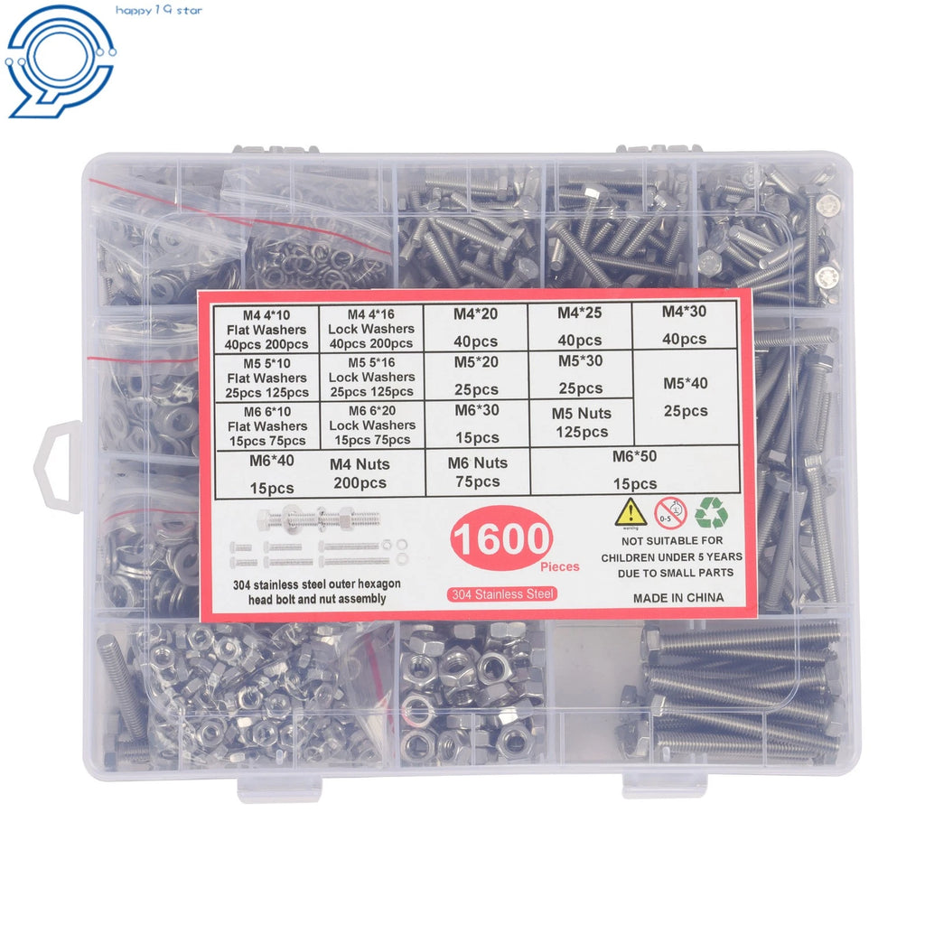 Set of 1600 Heavy Duty Bolts, Nuts & Washers Assortment Kit